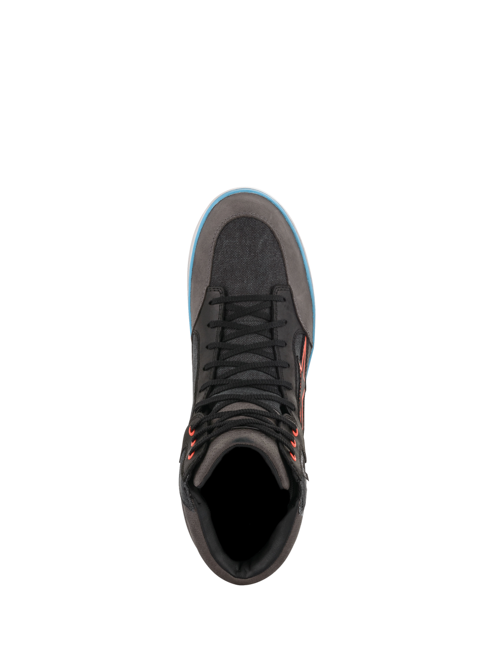 Alpinestars J-6 Wasserdichte Canvas Motorradschuhe, Urban-Sneaker in Grau und Schwarz mit hellblauen Akzenten, Draufsicht.
