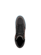 Alpinestars J-6 Wasserdichte Canvas Motorradschuhe, Urban-Sneaker in Grau und Schwarz mit hellblauen Akzenten, Draufsicht.