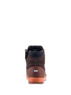 Alpinestars Chrome Crafted Drystar® Schuhe, Rückansicht, Braun, lässige urbane Motorradschuhe, Konstruktion aus Leder und Wildleder, transparente Gummisohle mit geprägtem Logo, reflektierendes Fersendetail