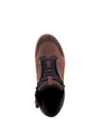 Alpinestars Chrome Crafted Drystar® Schuhe, Urbane Motorradschuhe, Brown Gum, Ansicht von oben, Obermaterial aus Leder und Wildleder mit dunklen Schnürsenkeln und Gummisohle, lässiges wasserdichtes Motorradschuhwerk