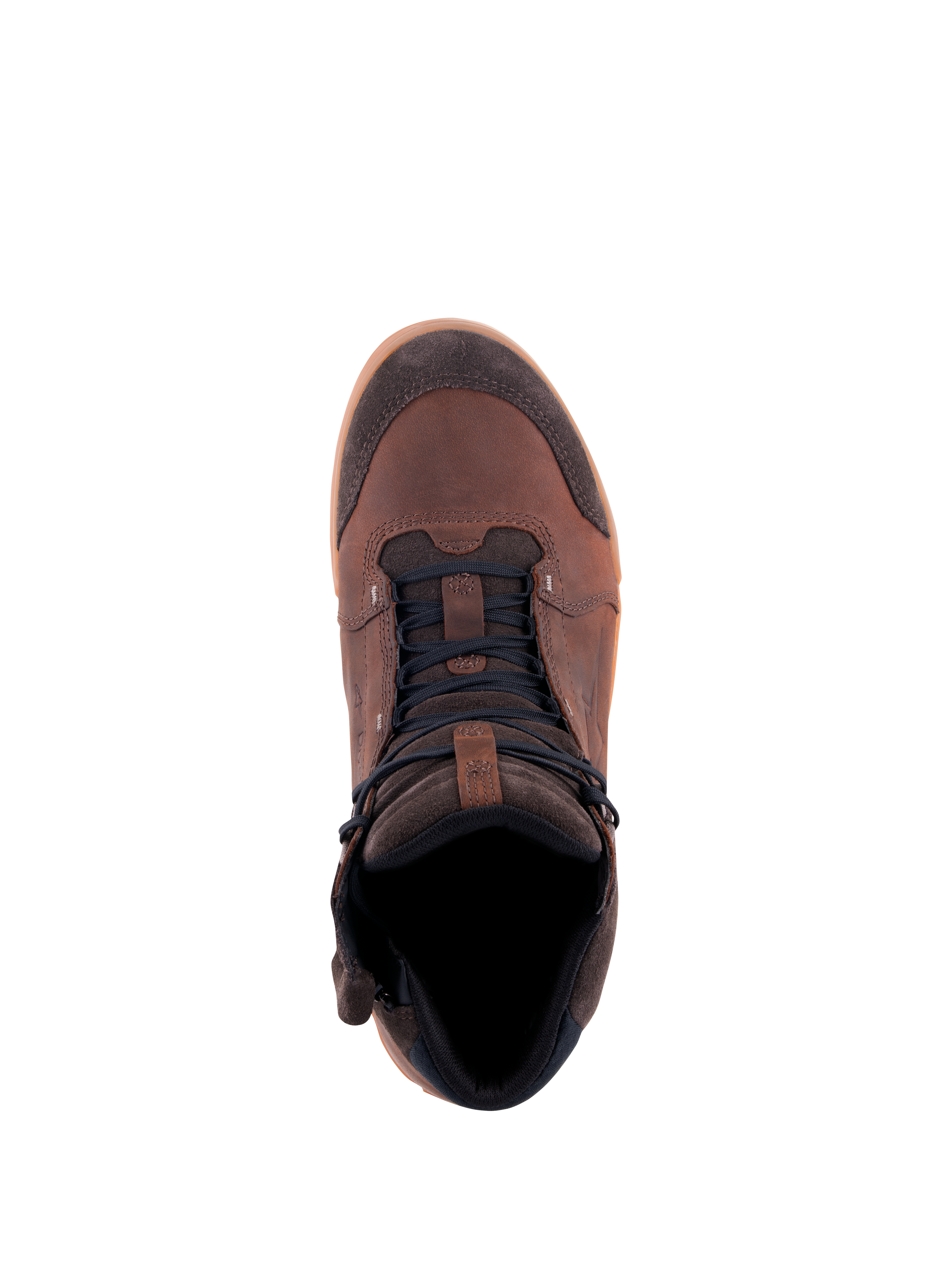 Alpinestars Chrome Crafted Drystar® Schuhe, Urbane Motorradschuhe, Brown Gum, Ansicht von oben, Obermaterial aus Leder und Wildleder mit dunklen Schnürsenkeln und Gummisohle, lässiges wasserdichtes Motorradschuhwerk