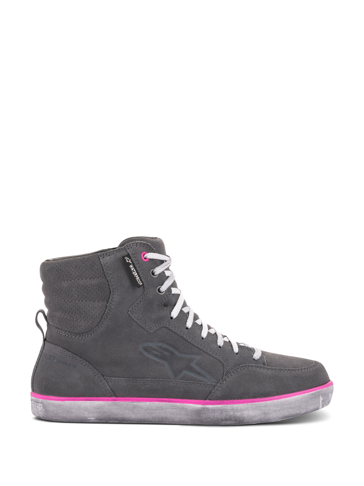 Alpinestars Women's J-6 Waterproof Shoes, Riding Shoes, Gray and Fuchsia, high-top sneaker design featuring a gray suede upper, white laces, and a vibrant pink accent line above the weathered rubber sole.