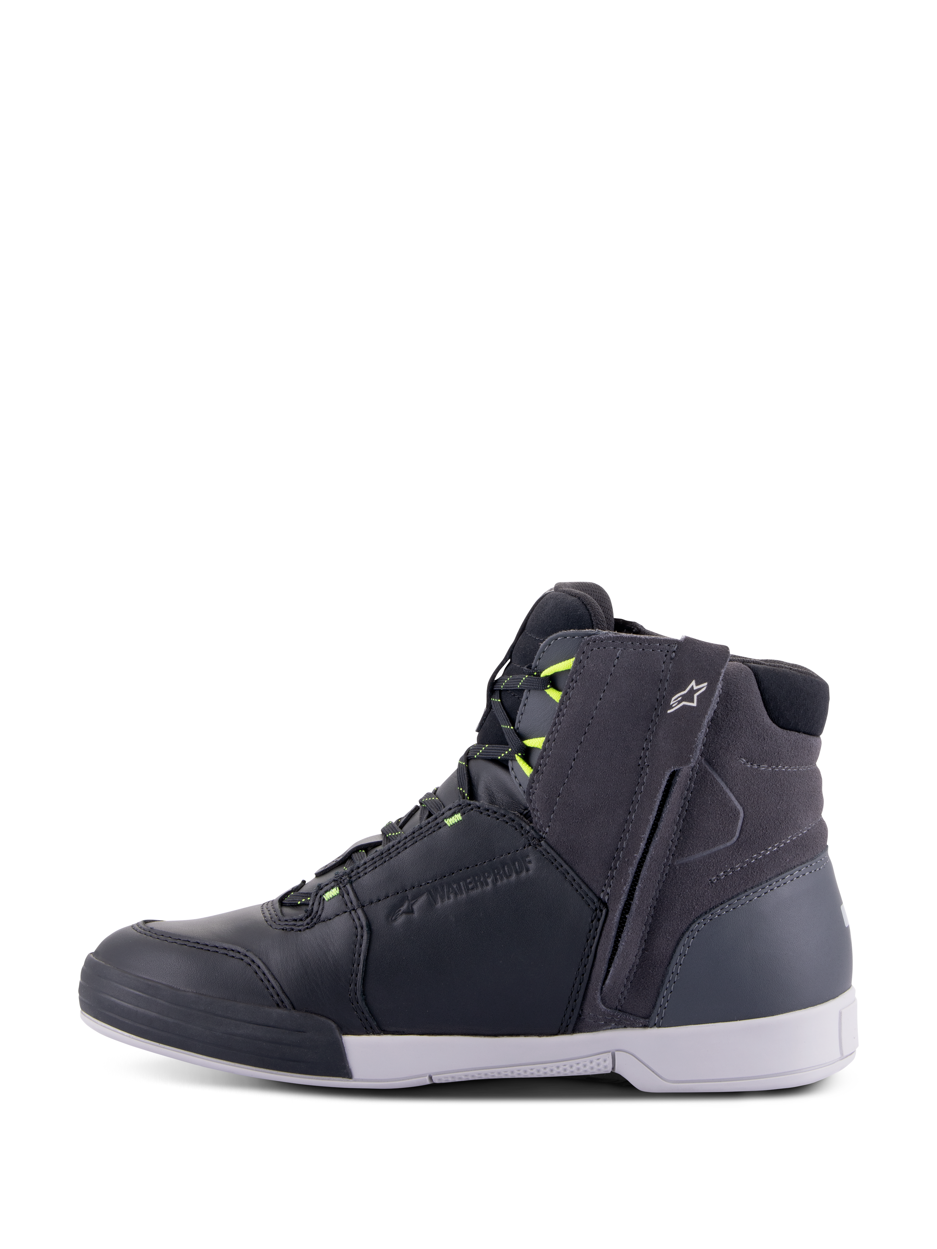 Alpinestars Chrome Drystar® Shoes, Motorcycle Riding Shoes, Black Dark Gray and Yellow Fluo, side profile showing casual high-top urban design, side zipper, white sole, and waterproof leather and suede construction with fluorescent yellow accents.