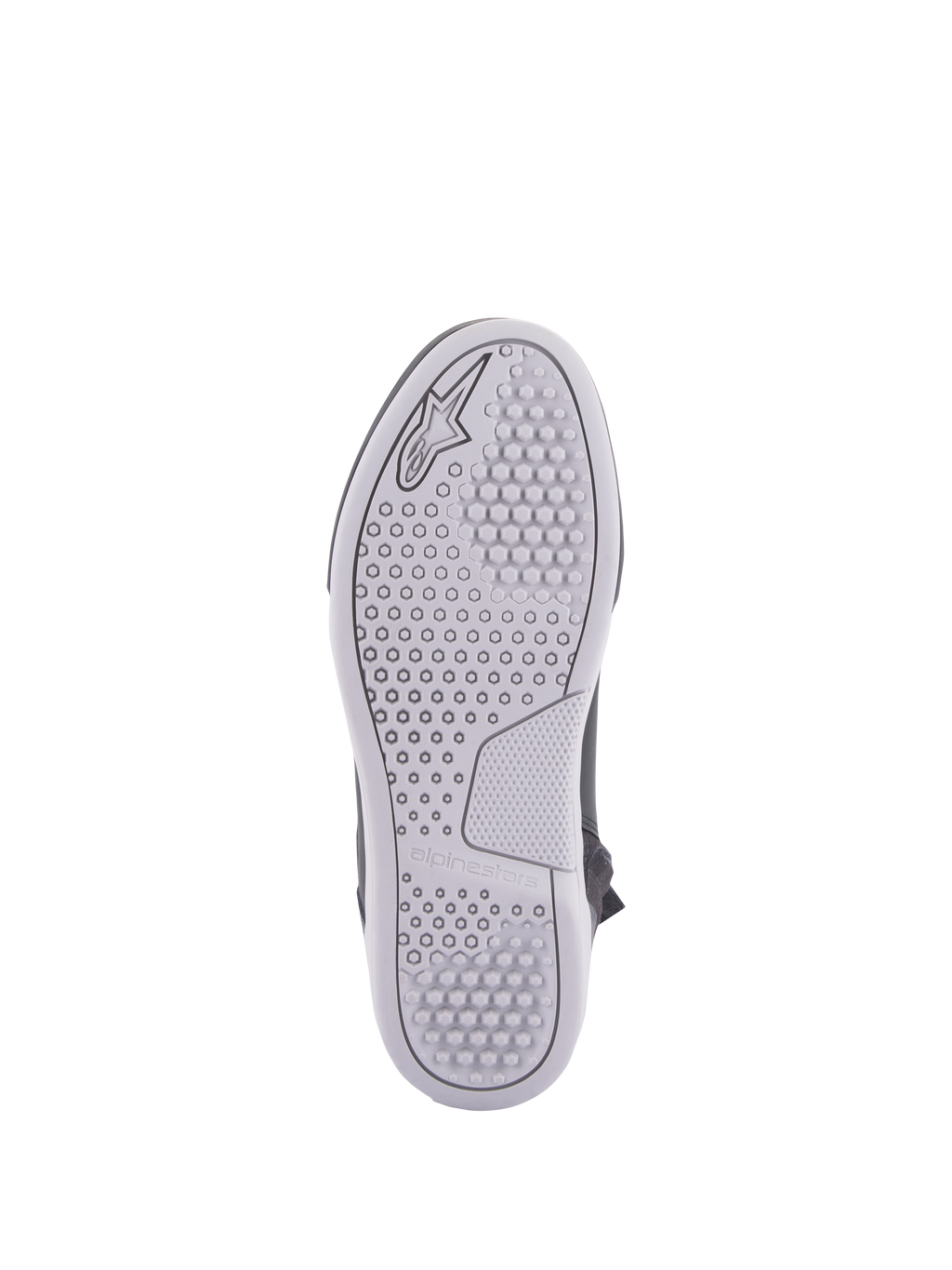 Alpinestars Chrome Drystar® Shoes, urban riding shoes, sole view, light gray rubber sole with hexagonal and circular grip patterns, embossed Alpinestars logo and brand name.
