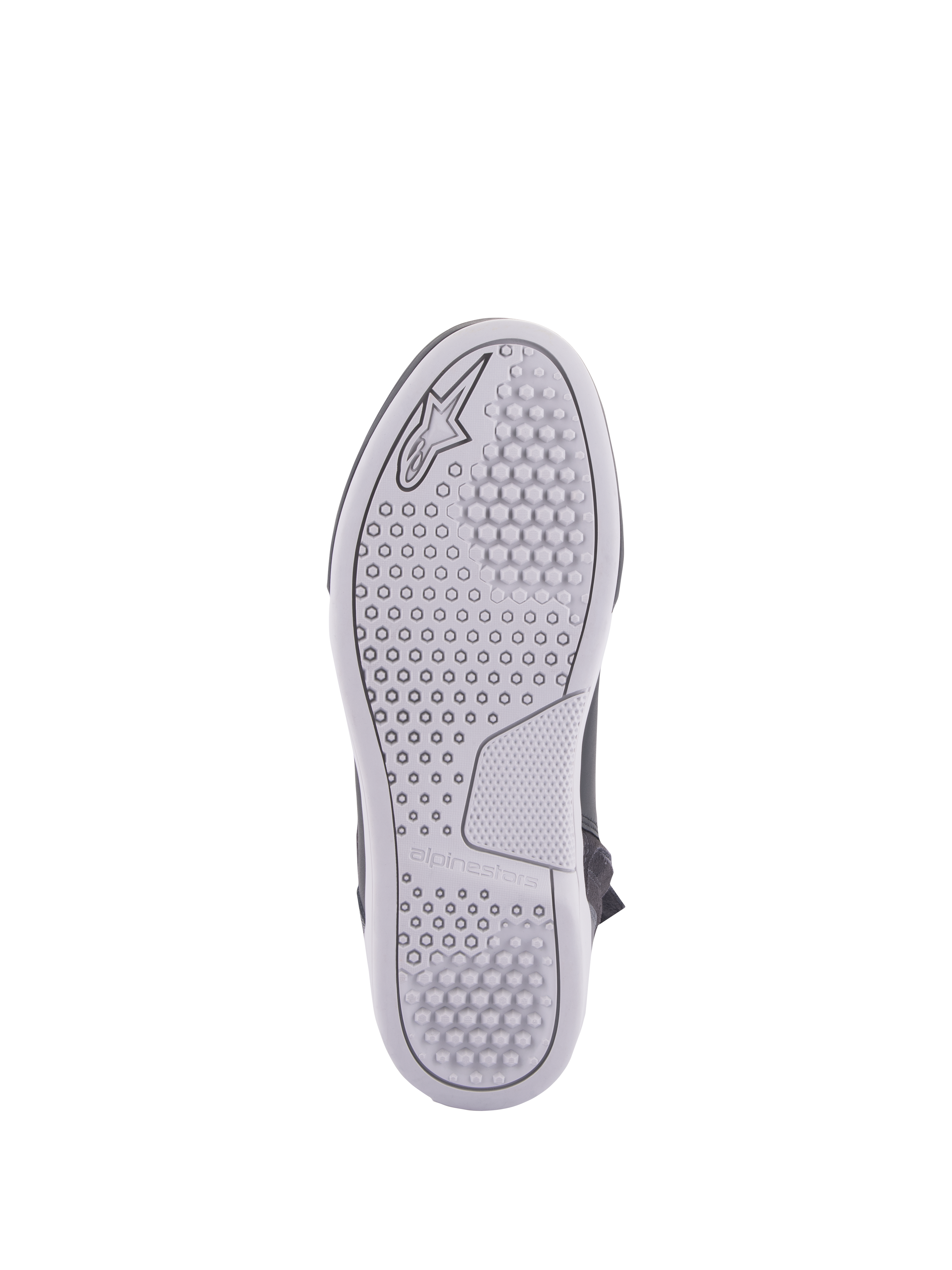 Alpinestars Chrome Drystar® Shoes, urban riding shoes, sole view, light gray rubber sole with hexagonal and circular grip patterns, embossed Alpinestars logo and brand name.