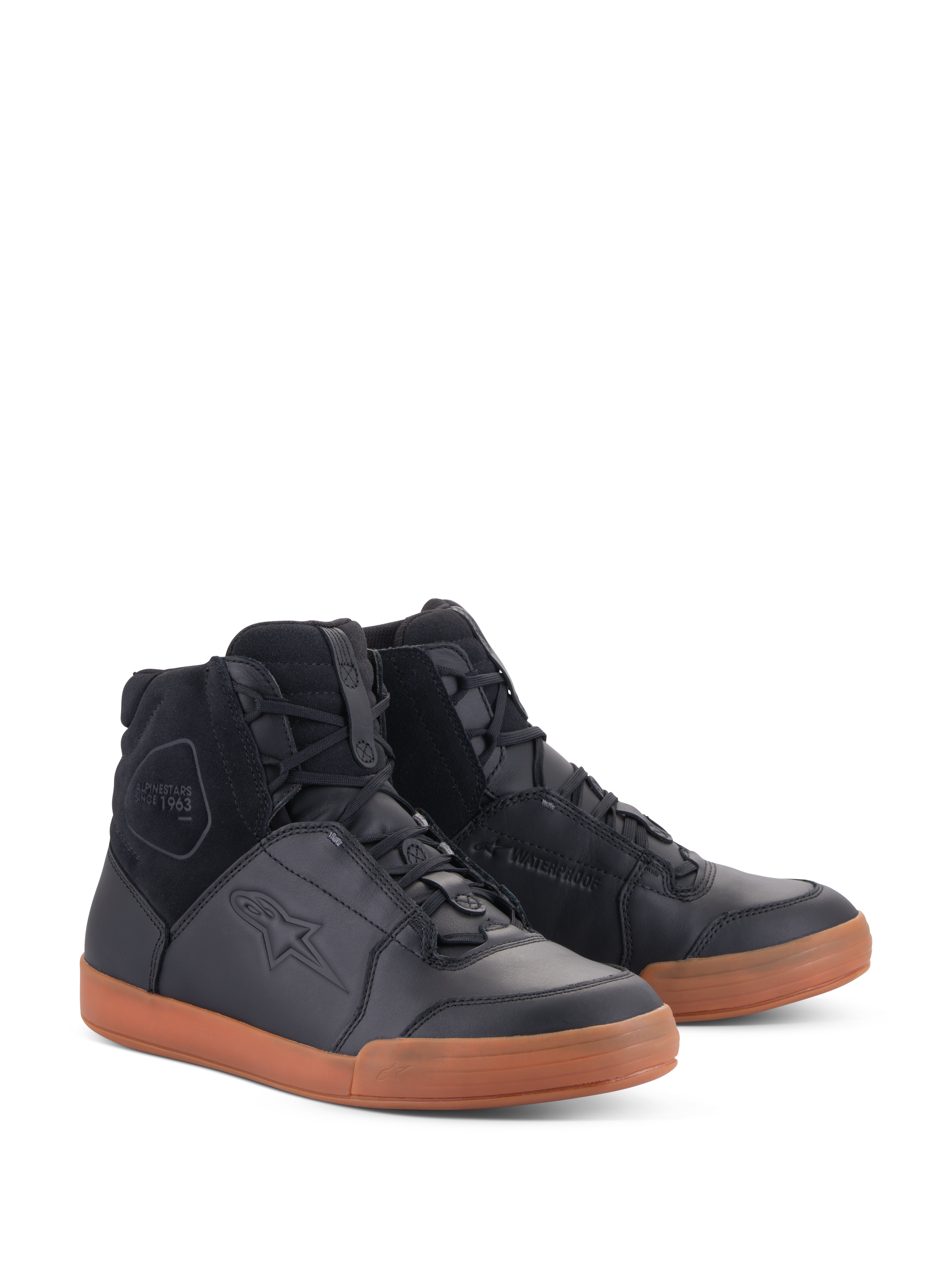 Alpinestars Chrome Drystar® Schuhe, wasserdichte Urban-Motorradschuhe, Obermaterial aus schwarzem Leder und Wildleder mit brauner Gummisohle, High-Top-Sneaker-Design, lässige Fahrausrüstung mit Schutzfunktionen