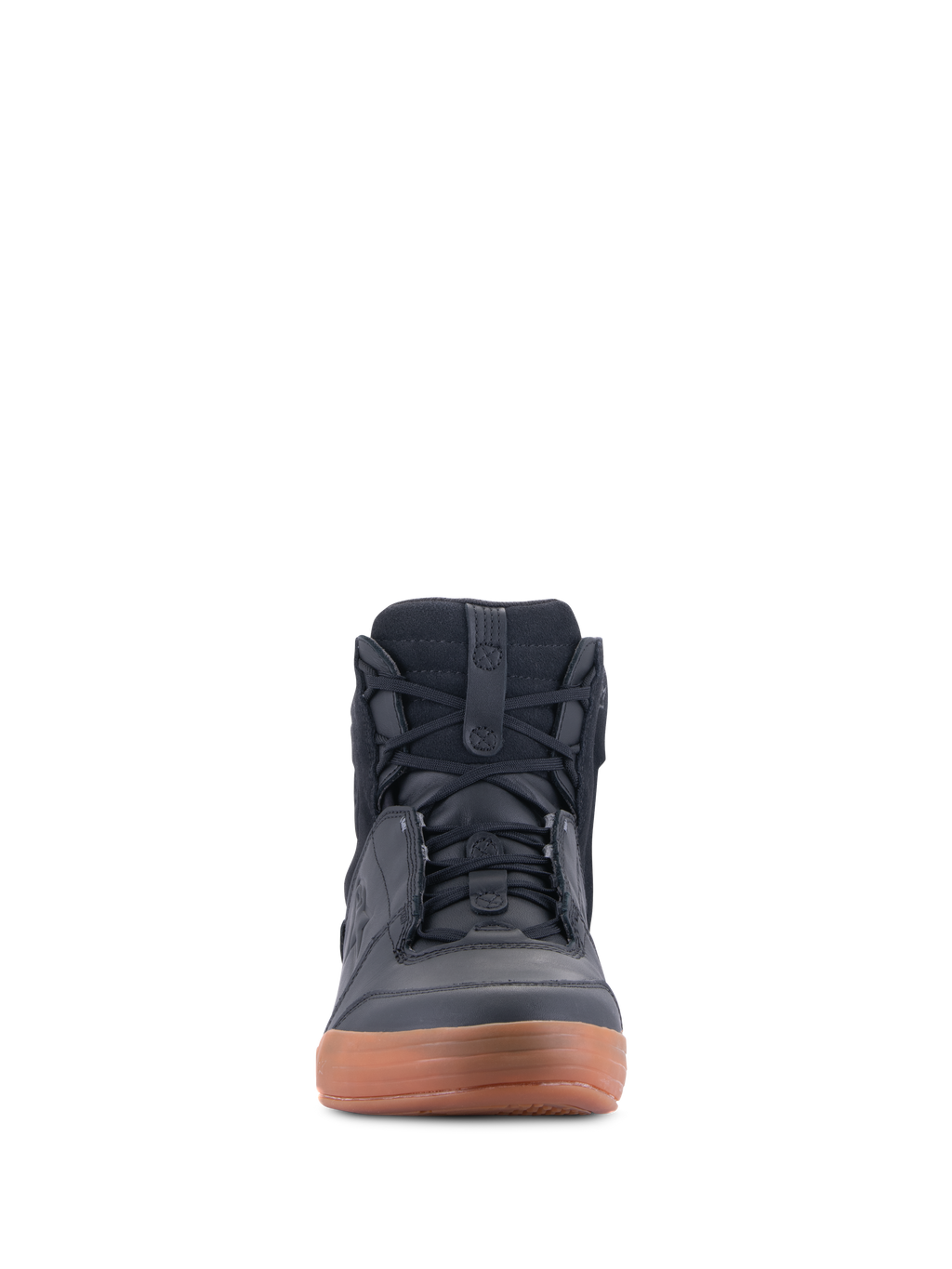 Alpinestars Chrome Drystar® Schuhe, Schwarz und Gum, Frontansicht eines urbanen Motorradschuhs, lässiger High-Top im Sneaker-Stil mit Schnürsenkeln, Konstruktion aus Leder und Wildleder mit brauner Gummisohle