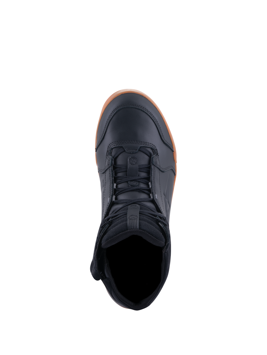 Alpinestars Chrome Drystar® Schuhe, Motorradschuhe, Schwarz und Gum, Draufsicht mit Schnürung und gepolstertem Schaft, lässiges urbanes Design mit Obermaterial aus Leder und Gummisohle