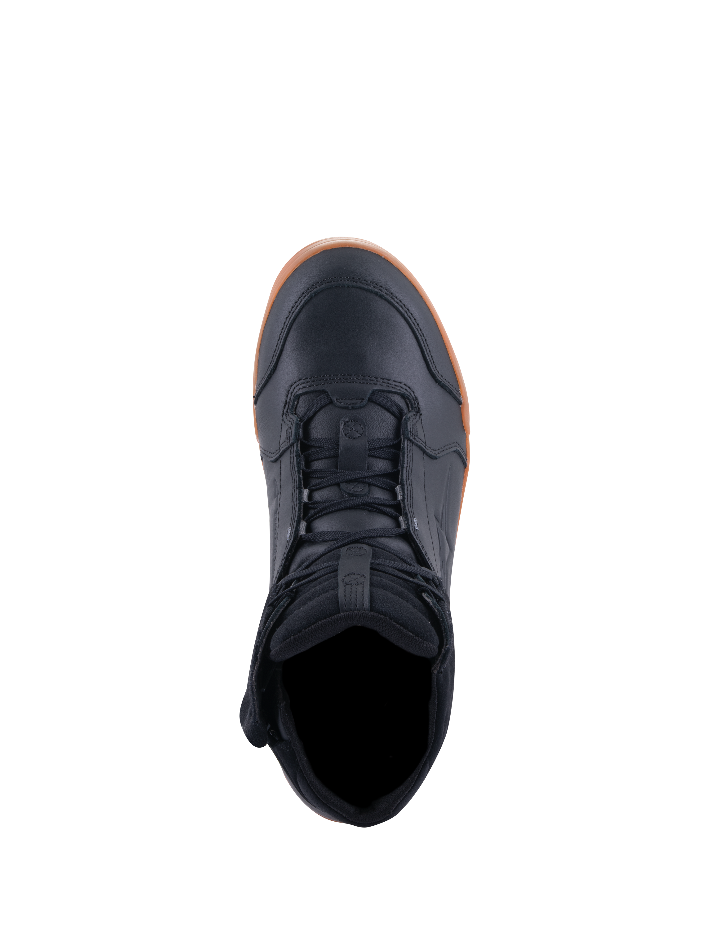 Alpinestars Chrome Drystar® Schuhe, Motorradschuhe, Schwarz und Gum, Draufsicht mit Schnürung und gepolstertem Schaft, lässiges urbanes Design mit Obermaterial aus Leder und Gummisohle