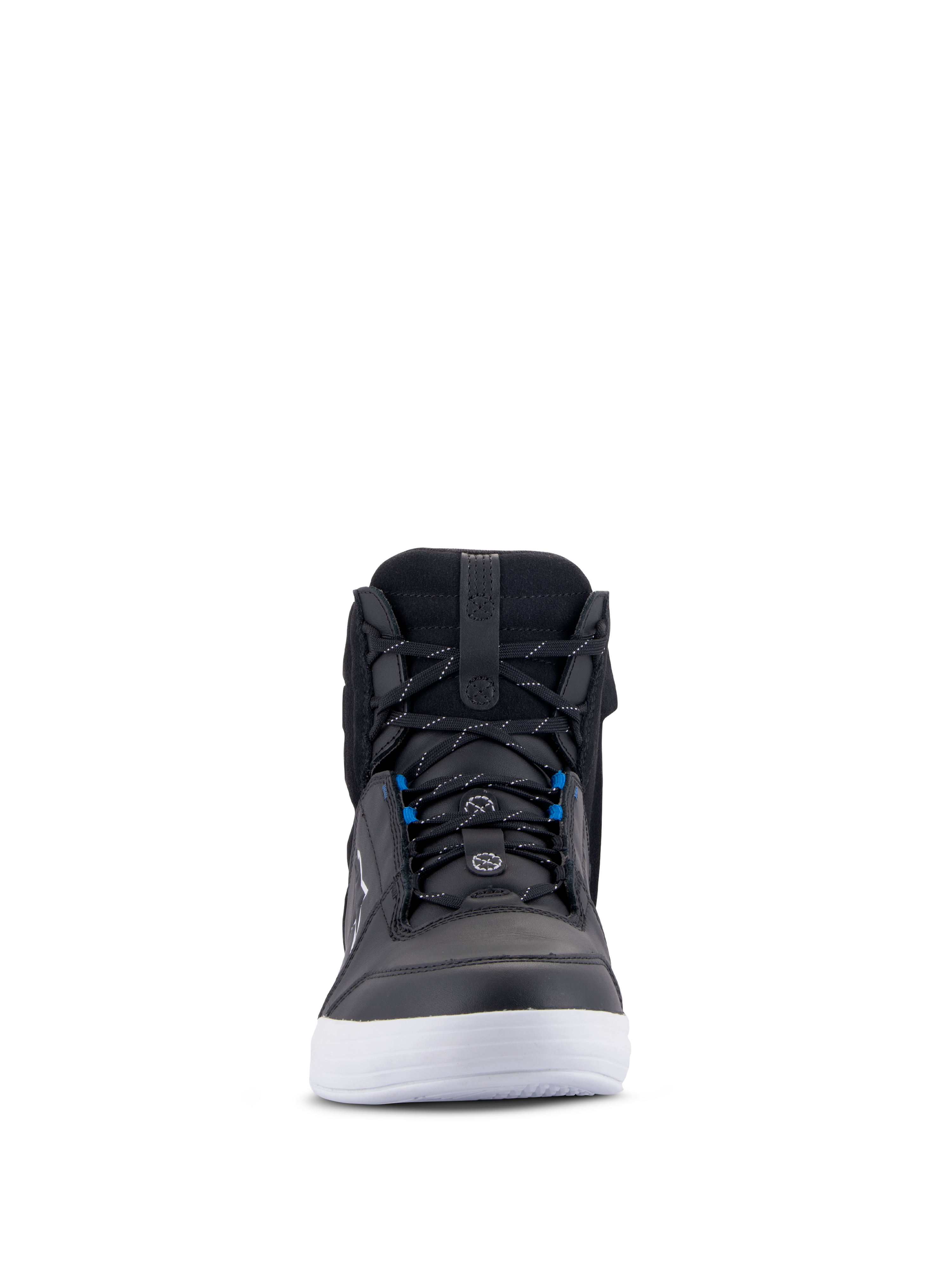 Alpinestars Chrome Drystar® Schuhe, Urbane Motorradschuhe, Schwarz, Weiß und Blau, Vorderansicht mit schwarzem Leder-Obermaterial, weißer Sohle, blauen Schnürsenkel-Akzenten, lässiges High-Top-Design für Straßenfahrten