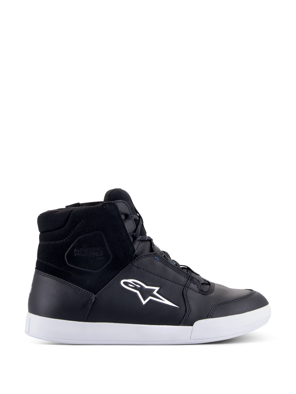 Alpinestars Chrome Drystar Schuhe, Schwarze High-Top Motorrad-Sneaker mit weißem Stern-Logo und weißer Sohle, Wasserdichtes Obermaterial aus Leder und Wildleder, Urbanes Schuhwerk mit gepolstertem Knöchelbereich