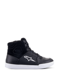 Alpinestars Chrome Drystar Schuhe, Schwarze High-Top Motorrad-Sneaker mit weißem Stern-Logo und weißer Sohle, Wasserdichtes Obermaterial aus Leder und Wildleder, Urbanes Schuhwerk mit gepolstertem Knöchelbereich