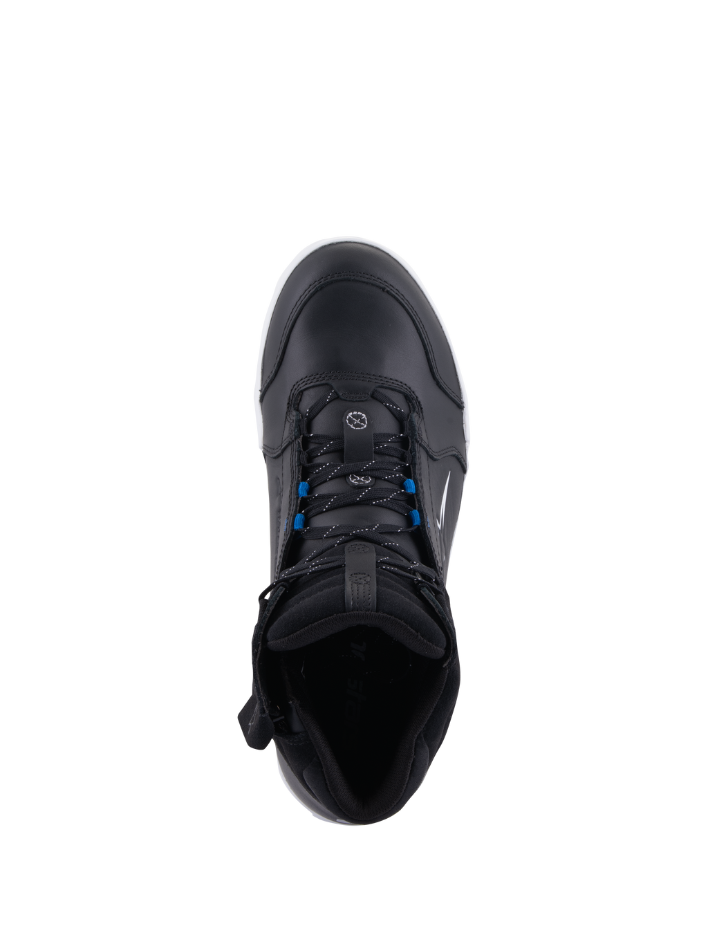 Alpinestars Chrome Drystar® Schuhe, Urban-Motorradschuhe, Schwarz Weiß Blau, Draufsicht mit schwarzen Schnürsenkeln und blauen Akzenten, hochwertige Lederkonstruktion, schützendes Design im Street-Style