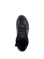 Alpinestars Chrome Drystar® Schuhe, Urban-Motorradschuhe, Schwarz Weiß Blau, Draufsicht mit schwarzen Schnürsenkeln und blauen Akzenten, hochwertige Lederkonstruktion, schützendes Design im Street-Style
