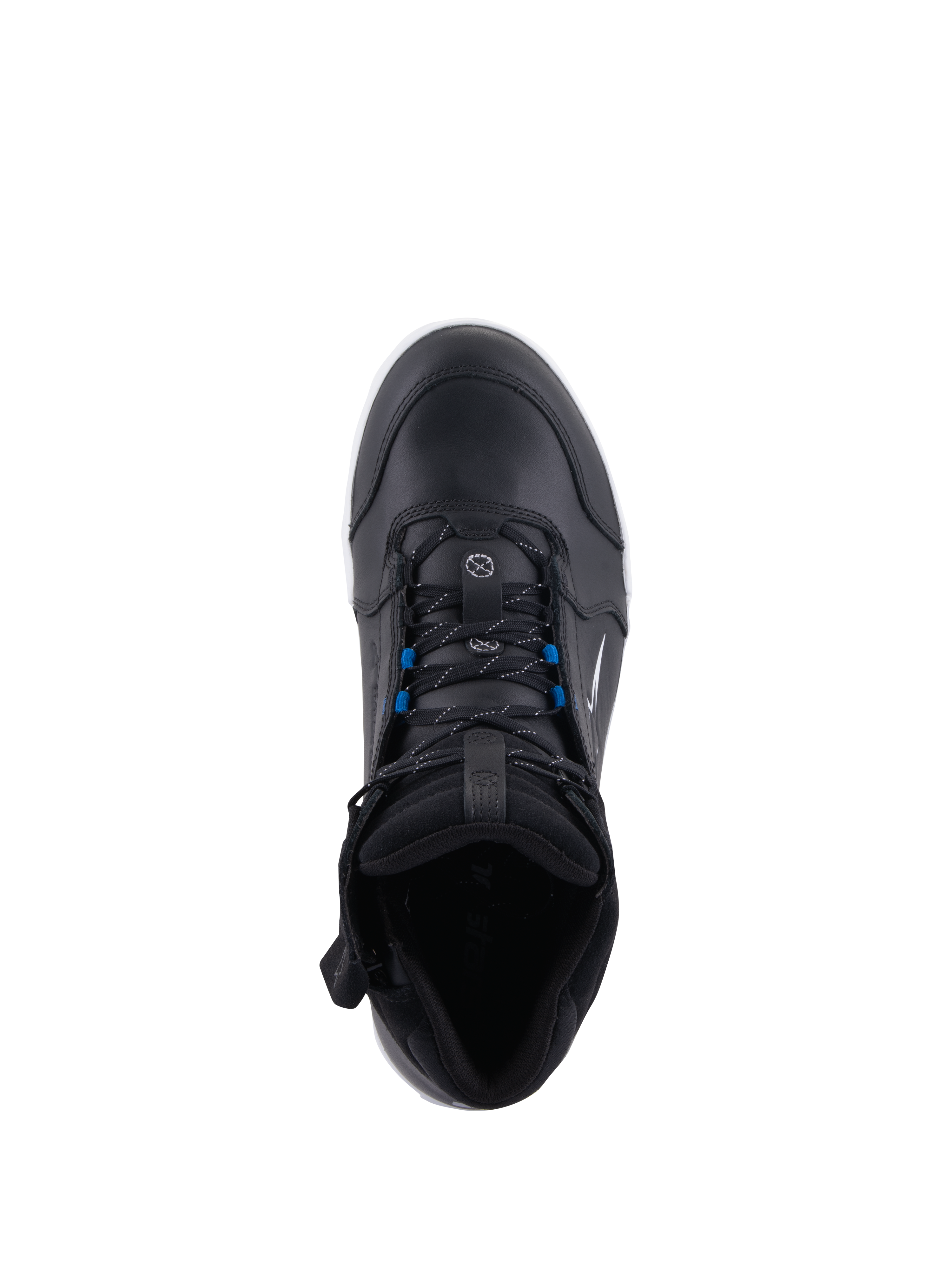 Alpinestars Chrome Drystar® Schuhe, Urban-Motorradschuhe, Schwarz Weiß Blau, Draufsicht mit schwarzen Schnürsenkeln und blauen Akzenten, hochwertige Lederkonstruktion, schützendes Design im Street-Style