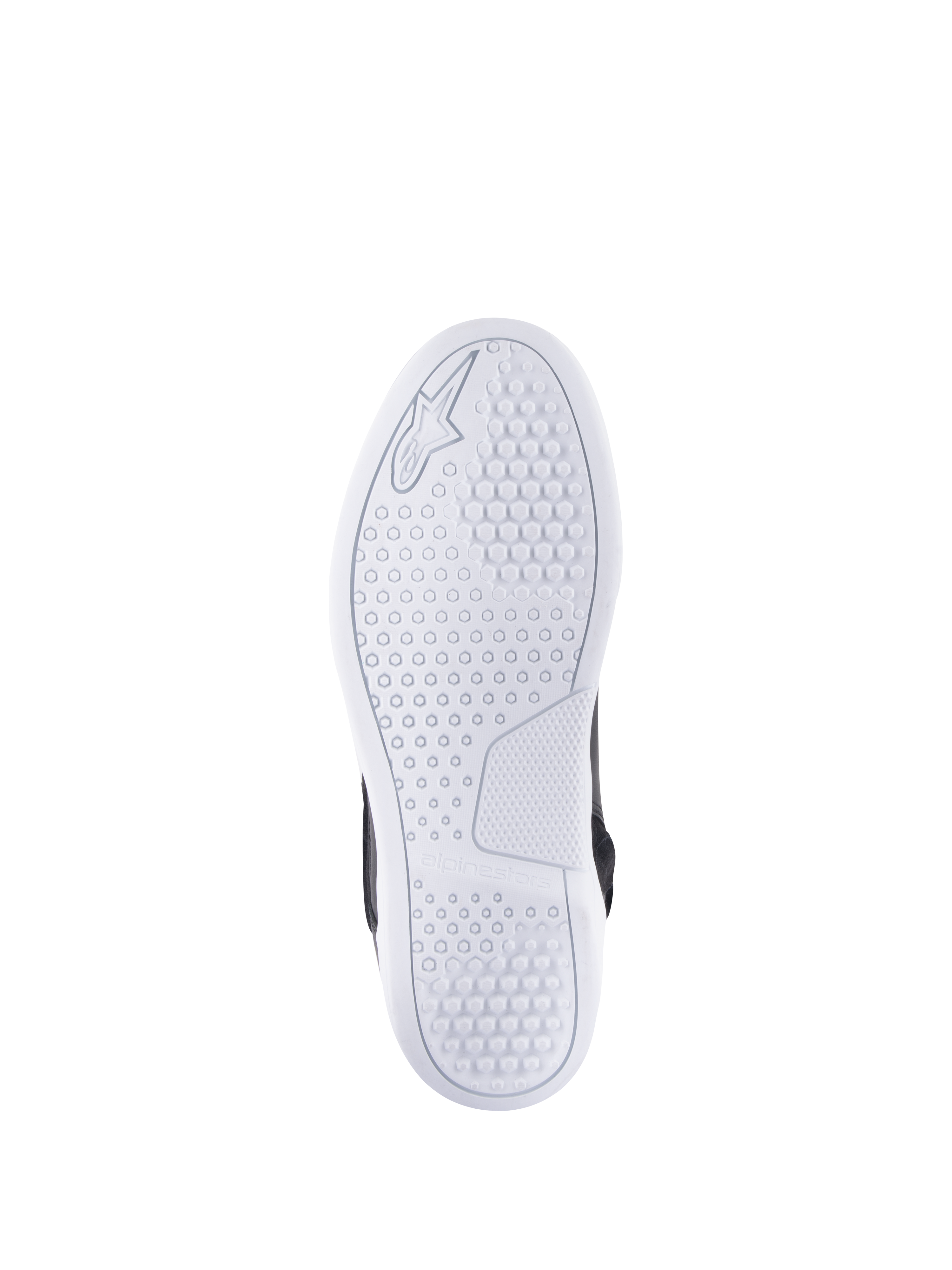Alpinestars Chrome Drystar® Schuhe, Unteransicht der Sohle, Weiß, mit hexagonalem Profilmuster für Traktion, geprägtem Alpinestars-Logo und Branding, lässiger urbaner Motorradschuh