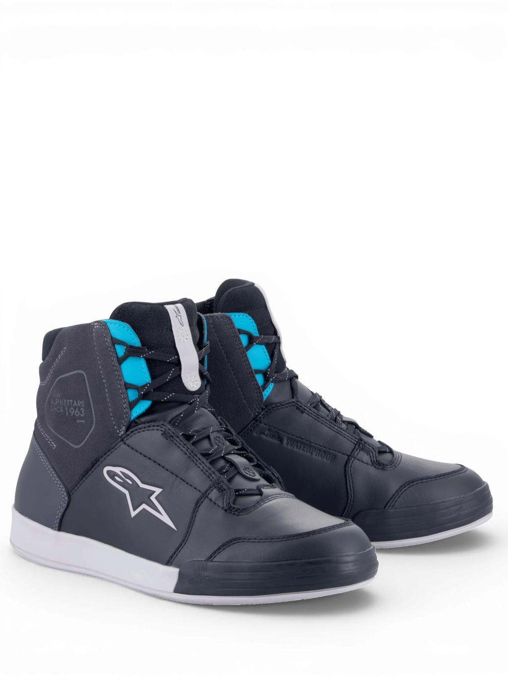 Alpinestars Chrome Damen-Drystar® Schuhe, wasserdichte Motorradschuhe aus Leder in Schwarz, Grau und Türkis, CE-zertifiziert.