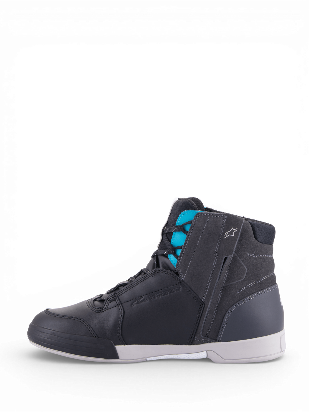 Alpinestars Stella Chrome Drystar® Schuhe, wasserdichte Damen-Motorradschuhe, Schwarz und Türkis, urbaner Lederstil.