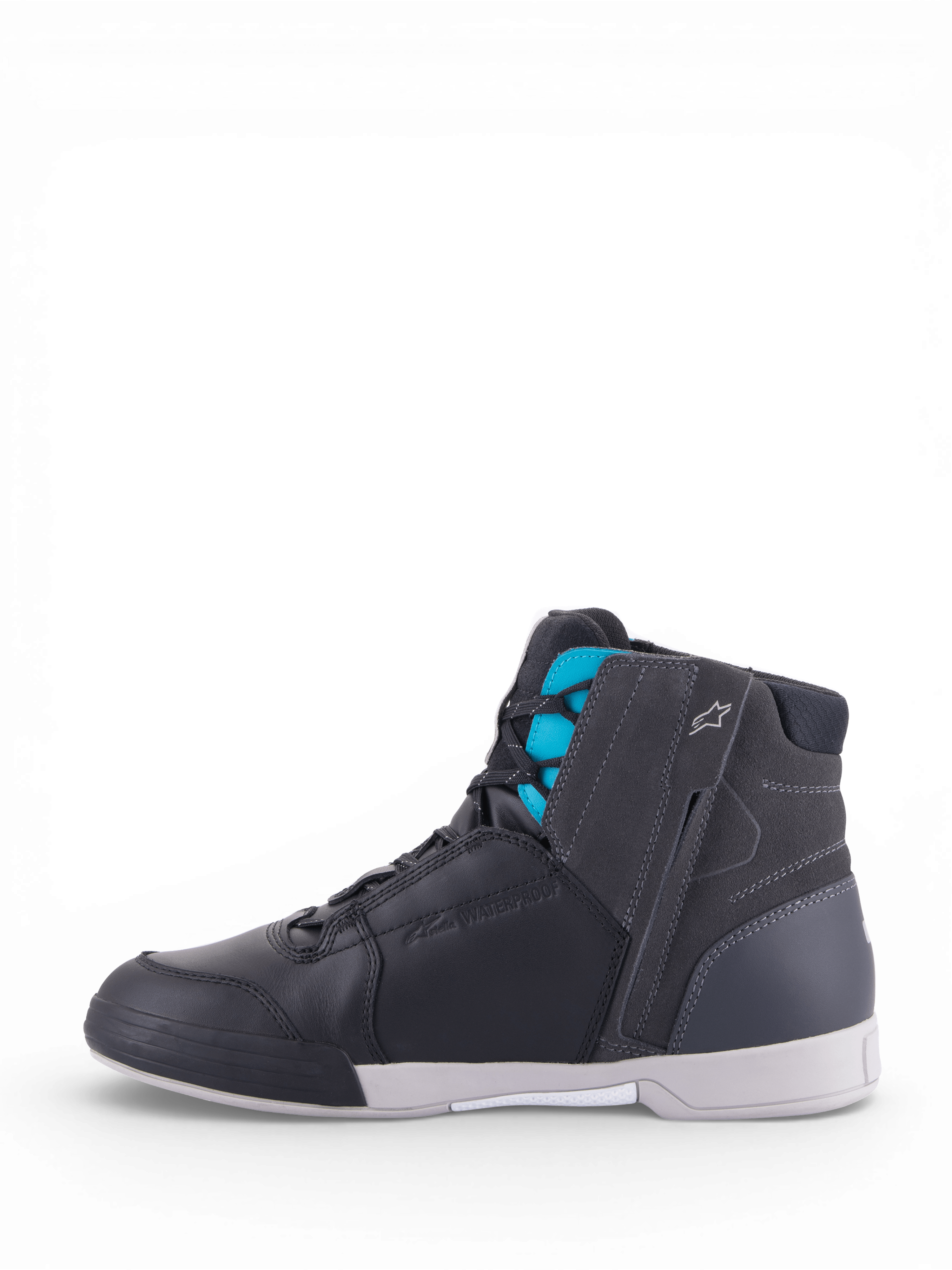 Alpinestars Stella Chrome Drystar® Schuhe, wasserdichte Damen-Motorradschuhe, Schwarz und Türkis, urbaner Lederstil.