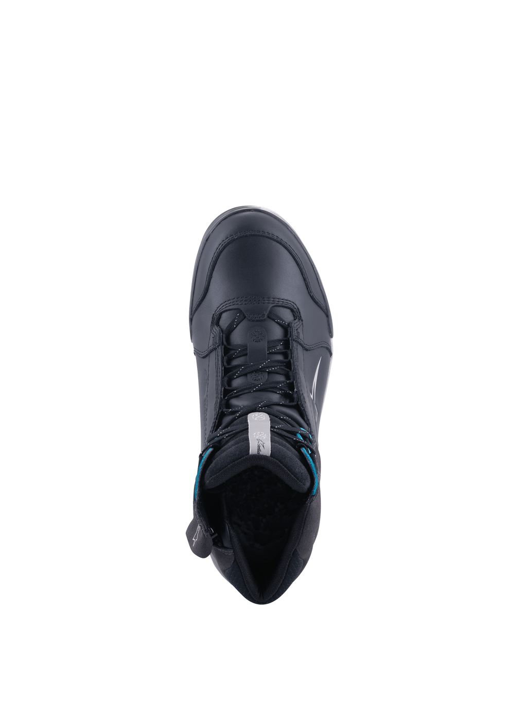 Alpinestars Chrome Drystar Schuhe, wasserdichte Damen-Motorradstiefel, Schwarz mit türkisen Akzenten, Draufsicht, CE-zertifizierte Urban-Schutzausrüstung.
