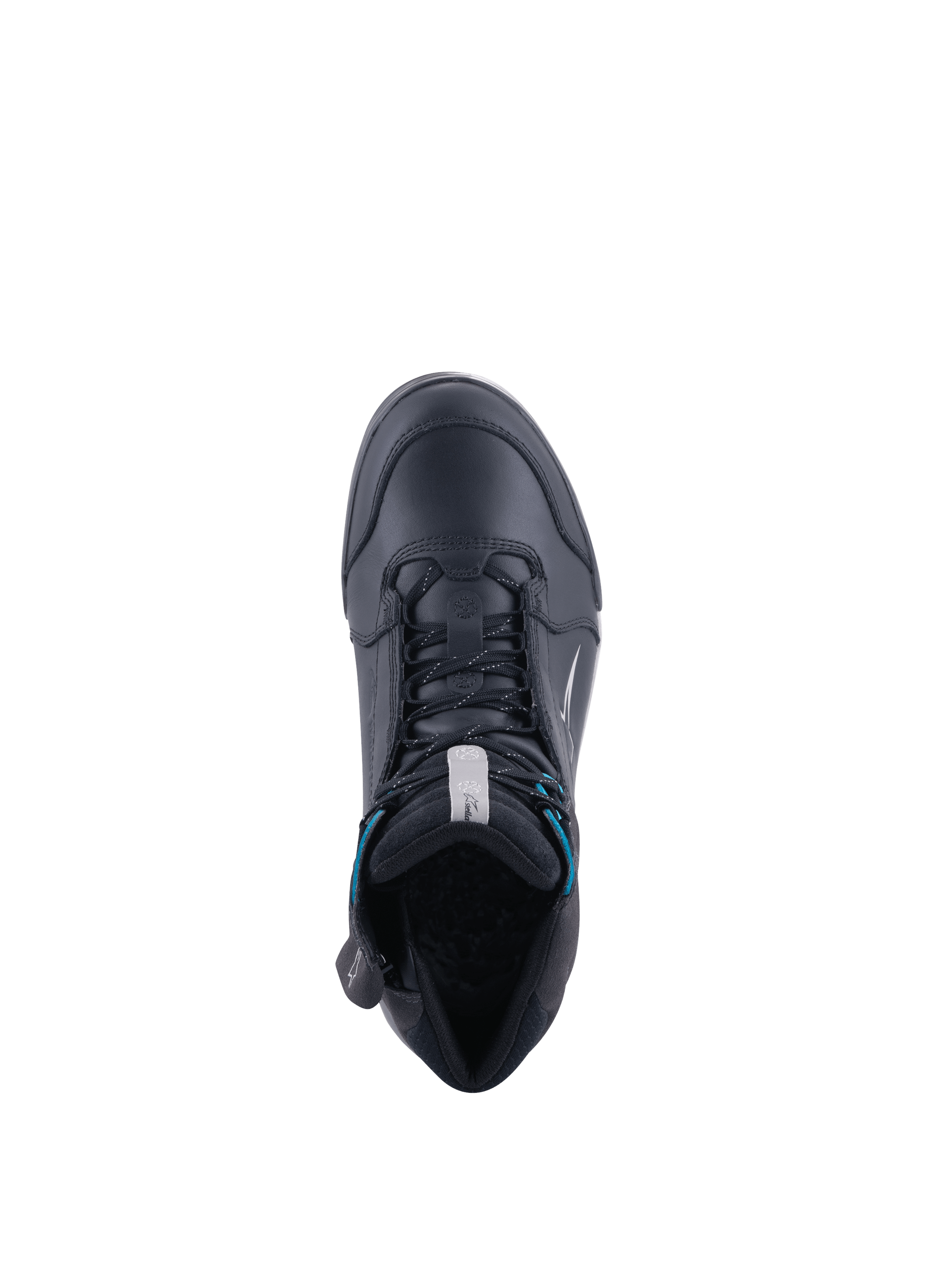 Alpinestars Chrome Drystar Schuhe, wasserdichte Damen-Motorradstiefel, Schwarz mit türkisen Akzenten, Draufsicht, CE-zertifizierte Urban-Schutzausrüstung.