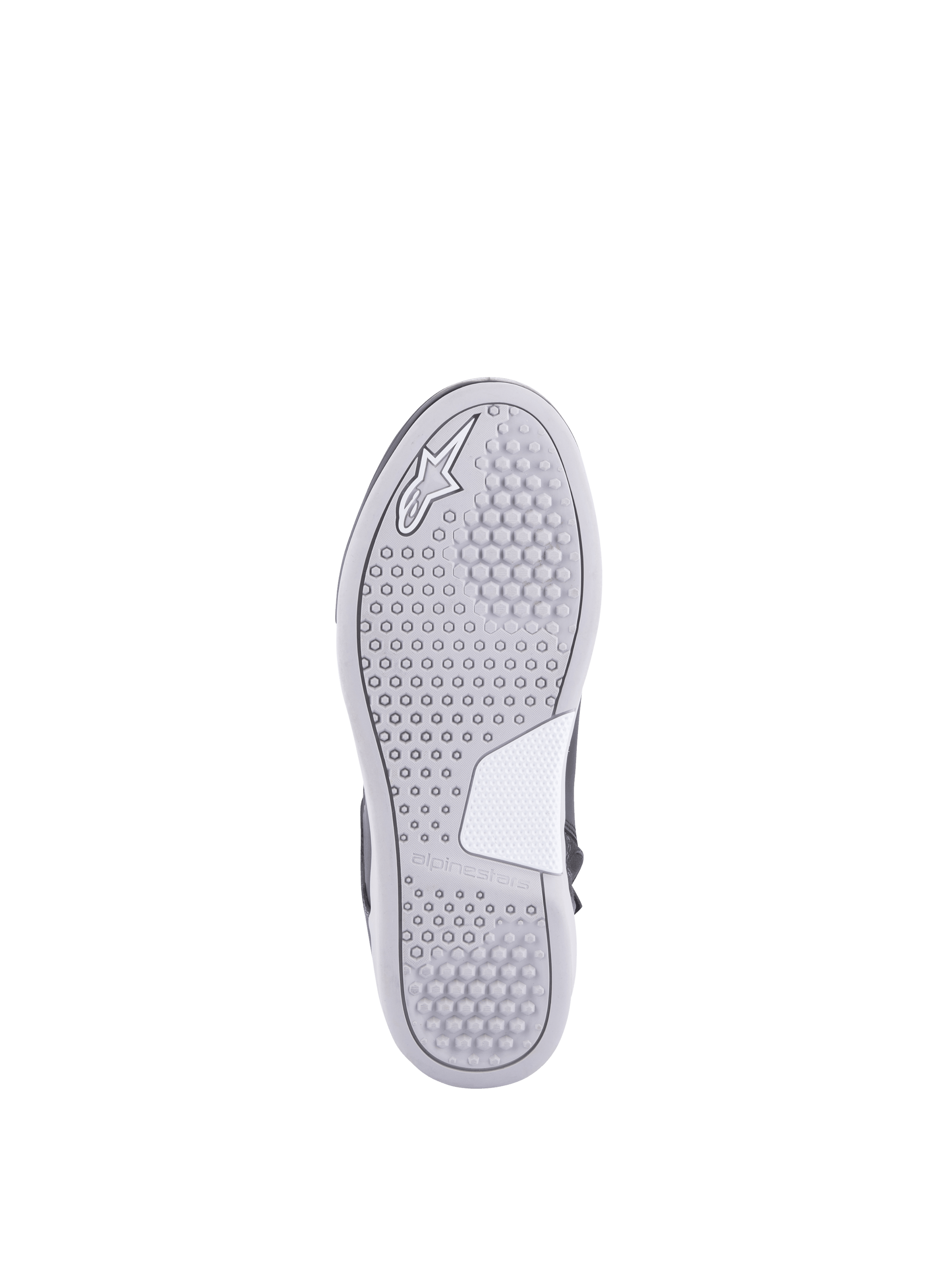 Alpinestars Stella Chrome Drystar® Schuhe, urbane Damen-Motorradschuhe, grau-weiße Gummisohle mit hexagonalem Profilmuster.