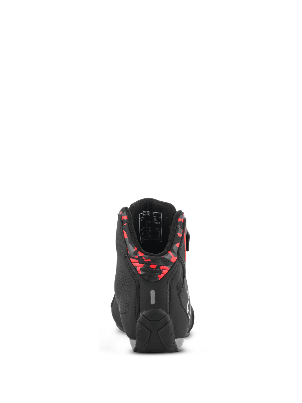 Alpinestars Sektor Waterproof Schuhe, Motorradschuhe, Schwarz, Dunkelgrau und Neonrot, Rückansicht mit gemustertem Fersenkragen, reflektierender Lasche und strapazierfähiger Gummisohle, leichte Mikrofaser-Konstruktion