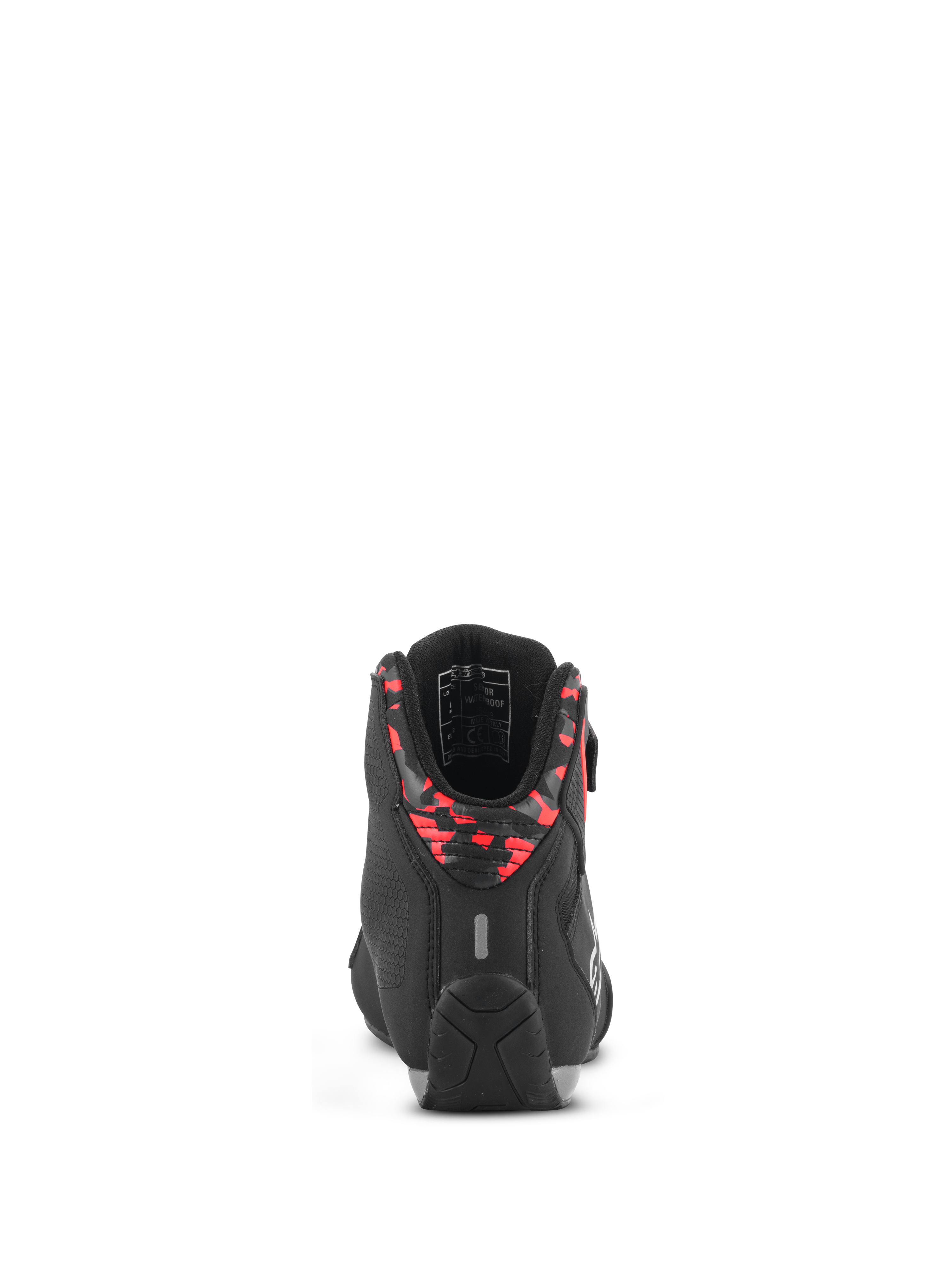 Alpinestars Sektor Waterproof Schuhe, Motorradschuhe, Schwarz, Dunkelgrau und Neonrot, Rückansicht mit gemustertem Fersenkragen, reflektierender Lasche und strapazierfähiger Gummisohle, leichte Mikrofaser-Konstruktion