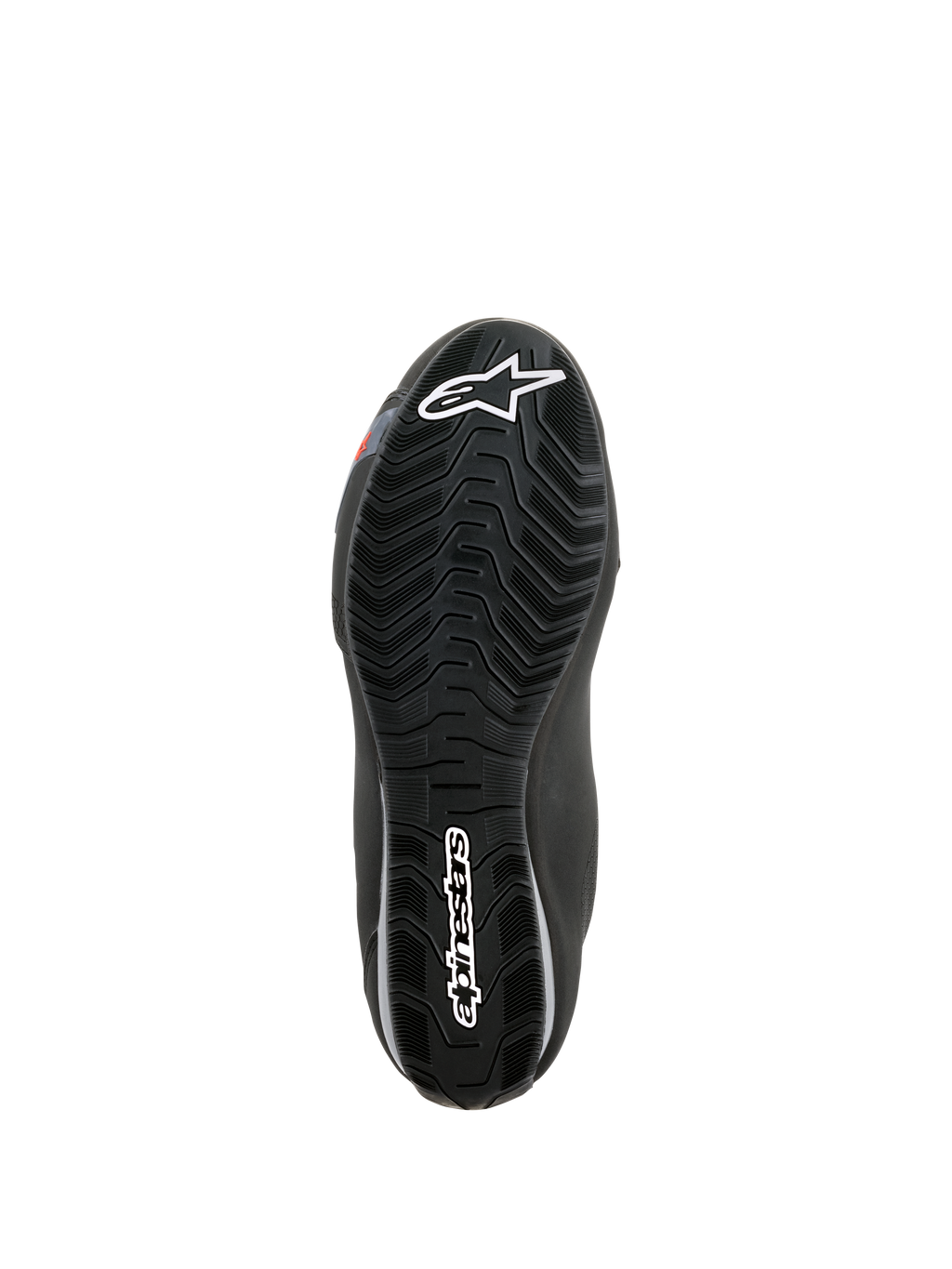 Alpinestars Sektor Waterproof Schuhe, Sohlenansicht, schwarzer Gummi mit Wellenprofil zur Wasserableitung, weißes Astars-Logo und Alpinestars-Branding, für Grip und Unterstützung der Motorrad-Fußrasten