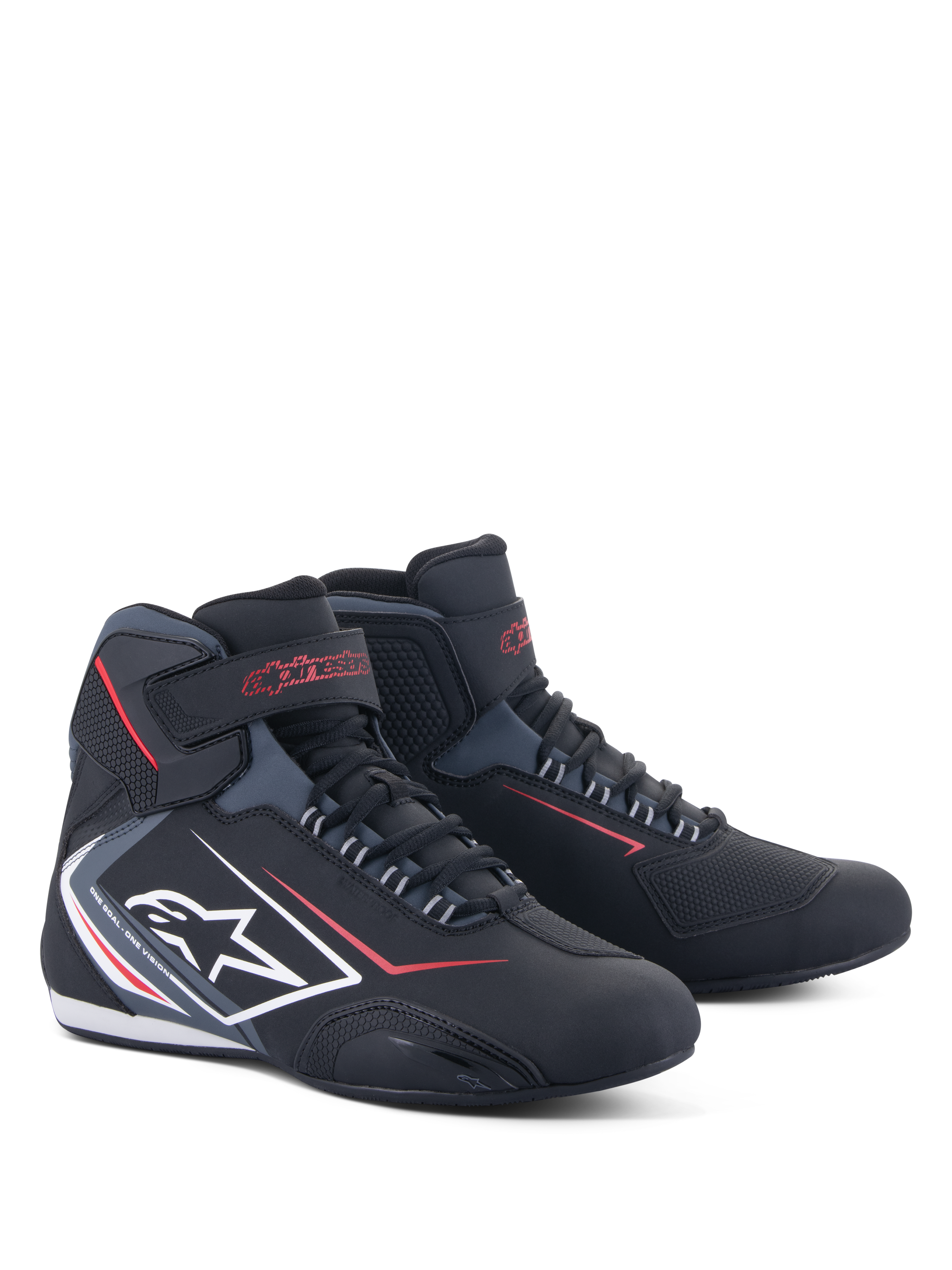 Alpinestars Sektor Waterproof Schuhe, Motorradschuhe, Schwarz mit roten und weißen Akzenten, weißes Stern-Logo an der Seite, Klettverschluss-Knöchelriemen und Schnürsystem, sportliches Design für die Straße