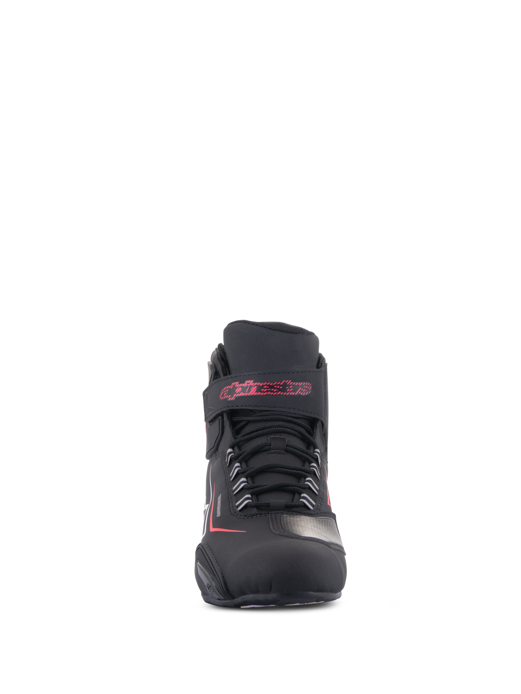 Alpinestars Sektor Wasserdichte Schuhe, Motorradschuhe, Schwarz mit weißen und roten Akzenten, Vorderansicht mit sicherem Schnürsystem und Klettverschluss-Knöchelriemen mit rotem Alpinestars-Schriftzug, strapazierfähiges Mikrofaser-Finish.
