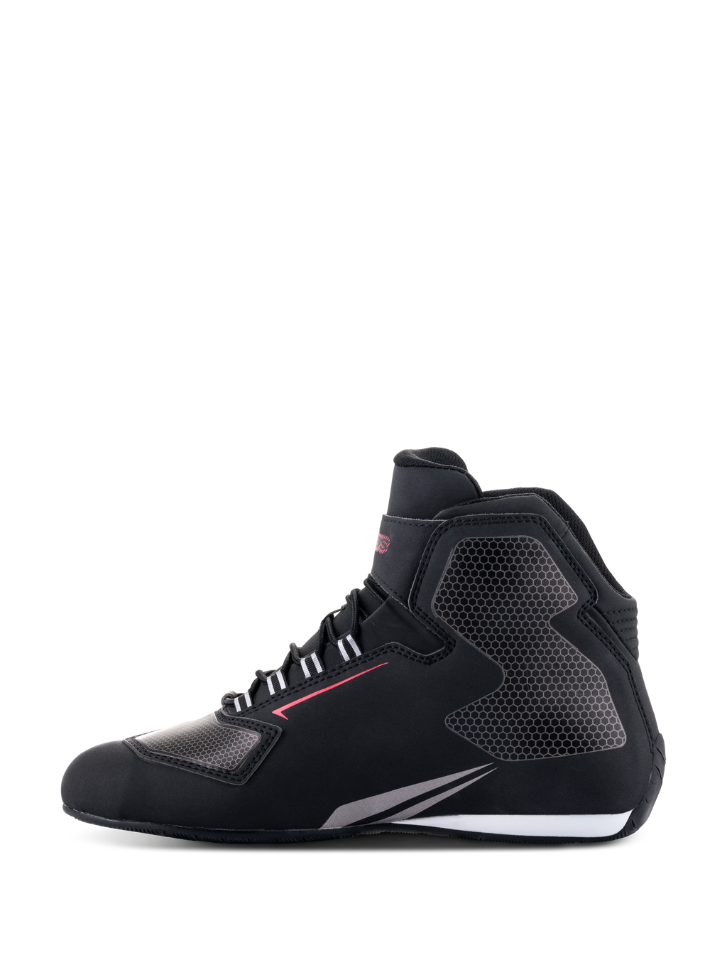 Alpinestars Sektor Wasserdichte Schuhe, Motorradschuhe, Schwarz, Weiß und Grau, Seitenansicht, leichtes Mikrofaser-Chassis mit grauen Einsätzen im Wabenmuster, roter Akzentlinie und weißen Sohlendetails, wasserdichte Ausrüstung für die Straße