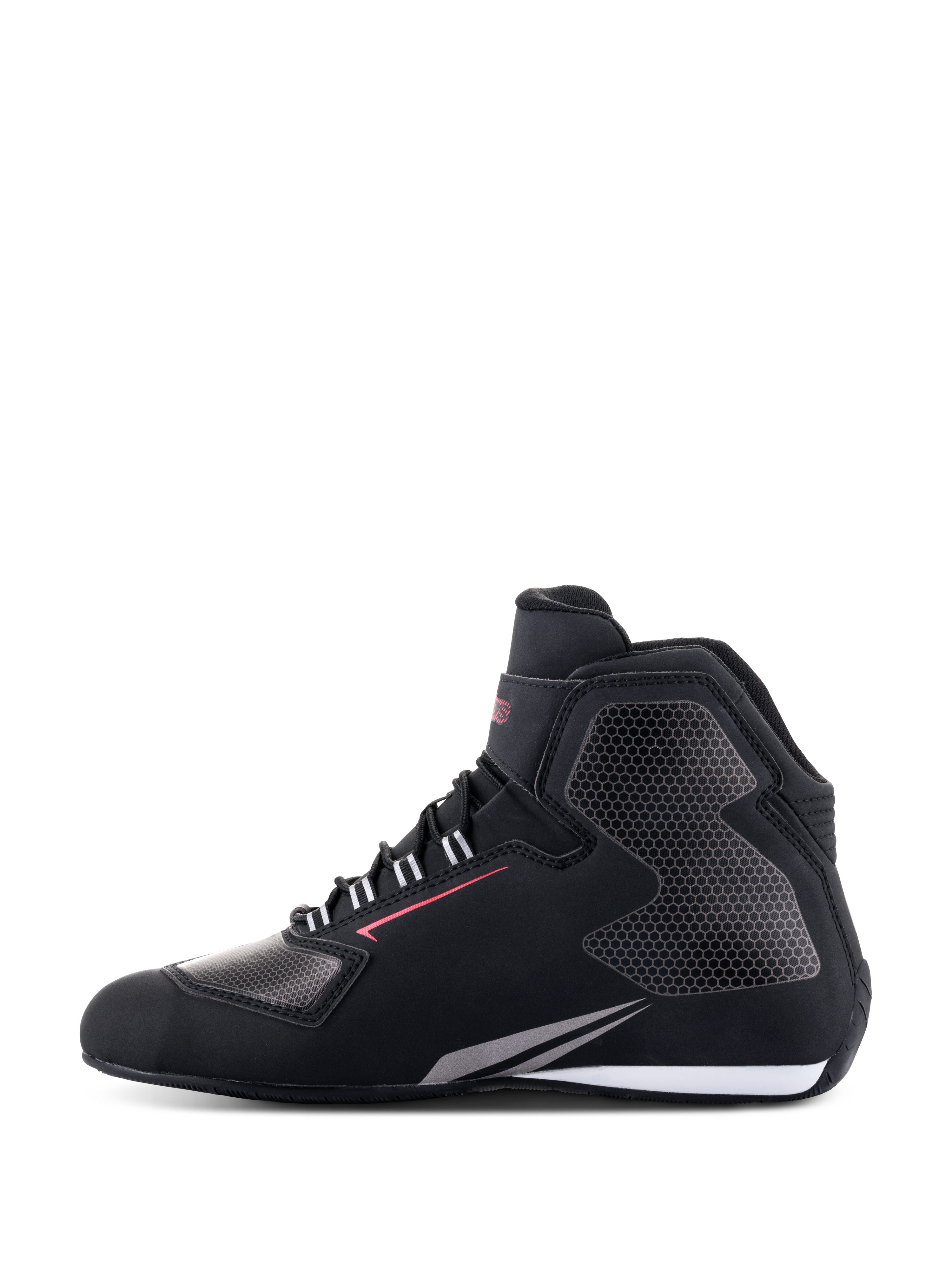 Alpinestars Sektor Wasserdichte Schuhe, Motorradschuhe, Schwarz, Weiß und Grau, Seitenansicht, leichtes Mikrofaser-Chassis mit grauen Einsätzen im Wabenmuster, roter Akzentlinie und weißen Sohlendetails, wasserdichte Ausrüstung für die Straße