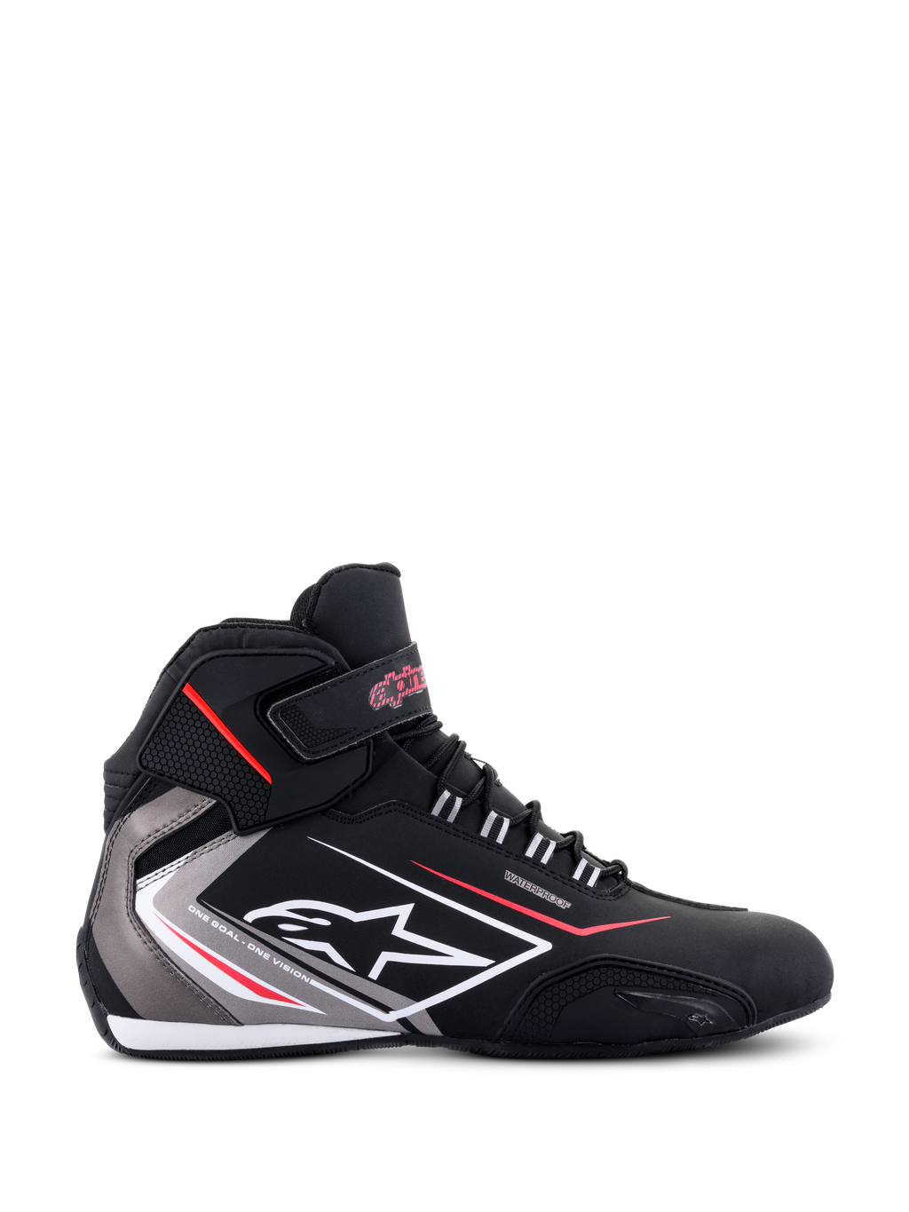 Alpinestars Sektor Waterproof Schuhe, Seitenansicht, Schwarz mit grauen und weißen Akzenten sowie roten Details, mit Schnürsenkeln, Klettverschluss am Knöchel, Alpinestars-Logo und „Waterproof“-Branding, sportliche Motorradschuhe