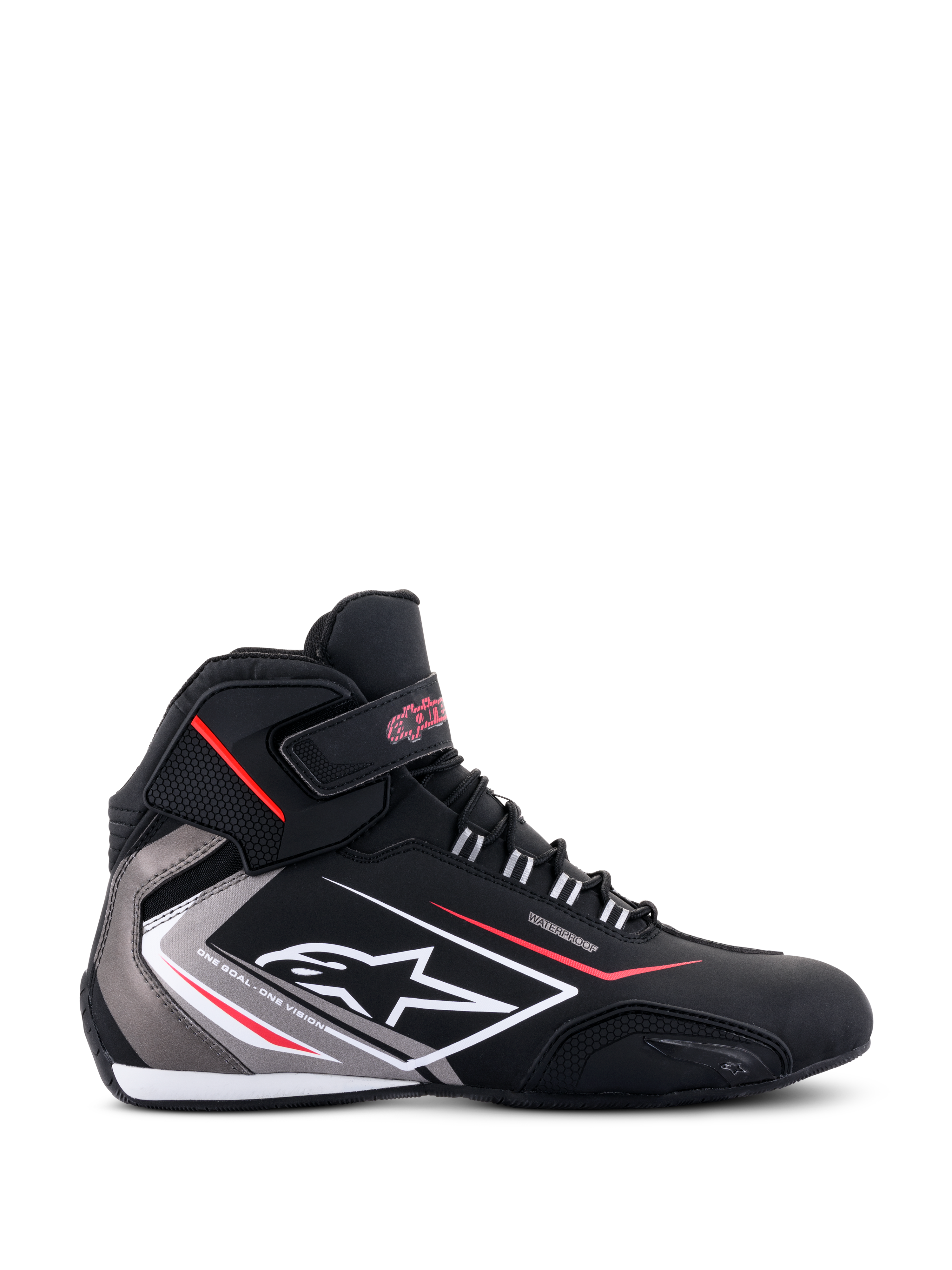 Alpinestars Sektor Waterproof Schuhe, Seitenansicht, Schwarz mit grauen und weißen Akzenten sowie roten Details, mit Schnürsenkeln, Klettverschluss am Knöchel, Alpinestars-Logo und „Waterproof“-Branding, sportliche Motorradschuhe