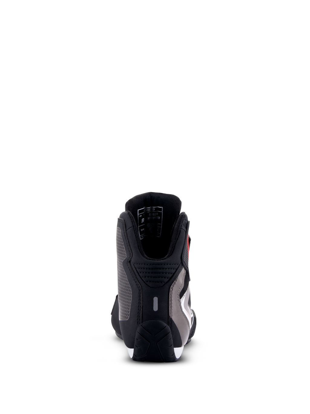 Alpinestars Sektor wasserdichte Schuhe, Motorradschuhe, Schwarz Weiß Grau, Rückansicht mit Fersenschutz, Mikrofaser-Chassis und strapazierfähiger Gummisohle.