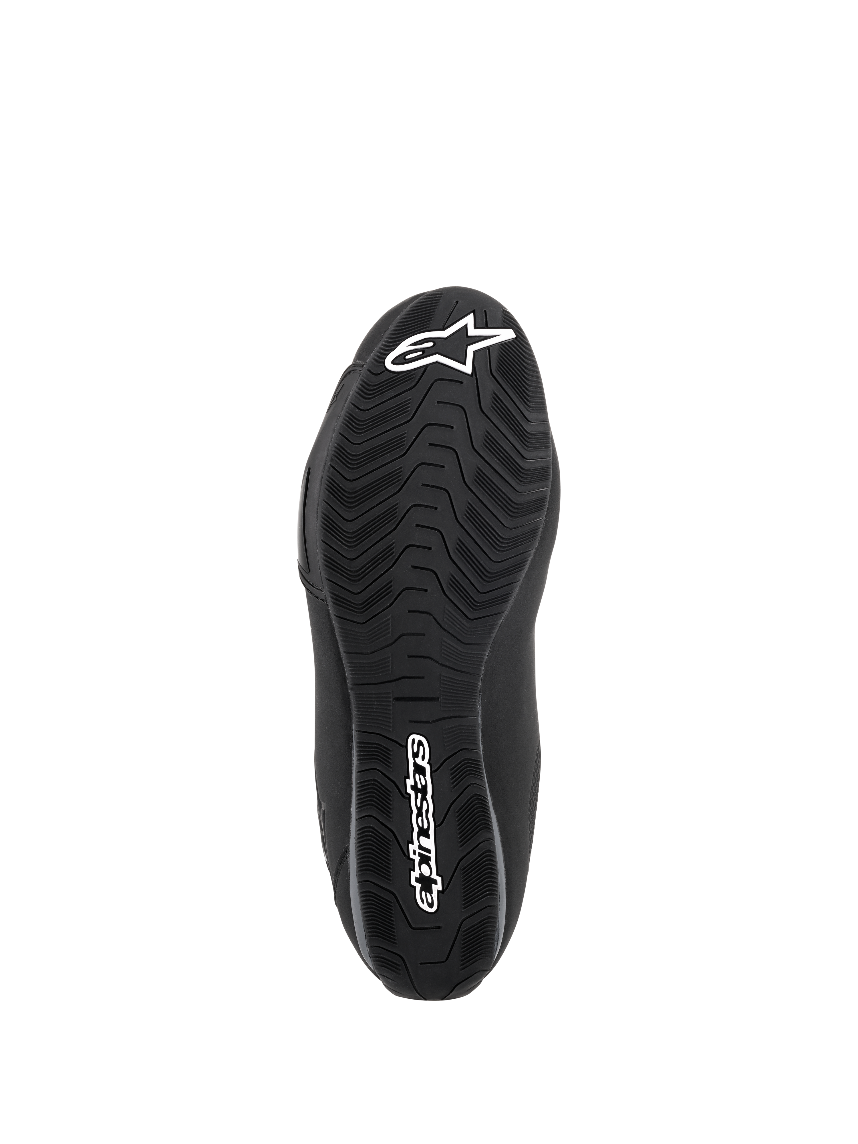 Alpinestars Sektor Waterproof Schuhe, Schwarz, Ansicht der Unterseite der Gummimischungssohle, spezielles Profil für Wasserableitung und Grip, weißes Stern-Logo und Alpinestars-Schriftzug.