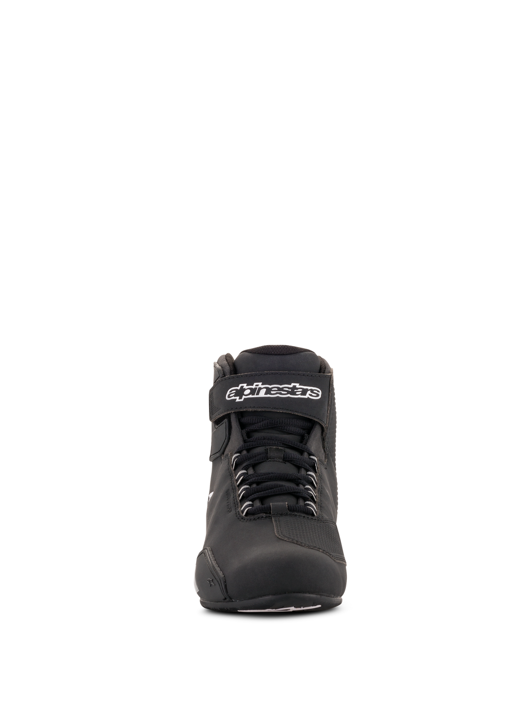 Alpinestars Women Stella Sektor Waterproof Shoes, Black and Silver, front view, low-cut motorcycle riding shoe featuring speed lace system, Velcro ankle strap with white branding, and durable microfiber construction.