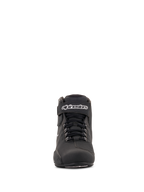 Alpinestars Women Stella Sektor Waterproof Shoes, Black and Silver, front view, low-cut motorcycle riding shoe featuring speed lace system, Velcro ankle strap with white branding, and durable microfiber construction.