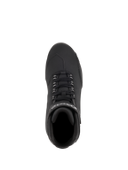 Alpinestars Stella Sektor Waterproof Shoes, Women's Motorcycle Riding Shoes, Black Silver, top-down view showing speed lace system and branded strap, microfiber upper with textured shift pad for road riding