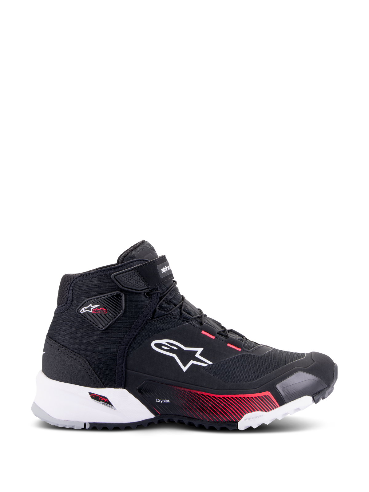 Alpinestars CR-X Damen Drystar® Fahrerschuh, Motorradschuh, Schwarz, Weiß und Diva Pink, Profilansicht mit weißem Alpinestars-Logo, pinkfarbenen Verlaufsakzenten an der Zwischensohle und Stella-Branding am Knöchel, schlankes wasserdichtes Design im Sneaker-Stil.