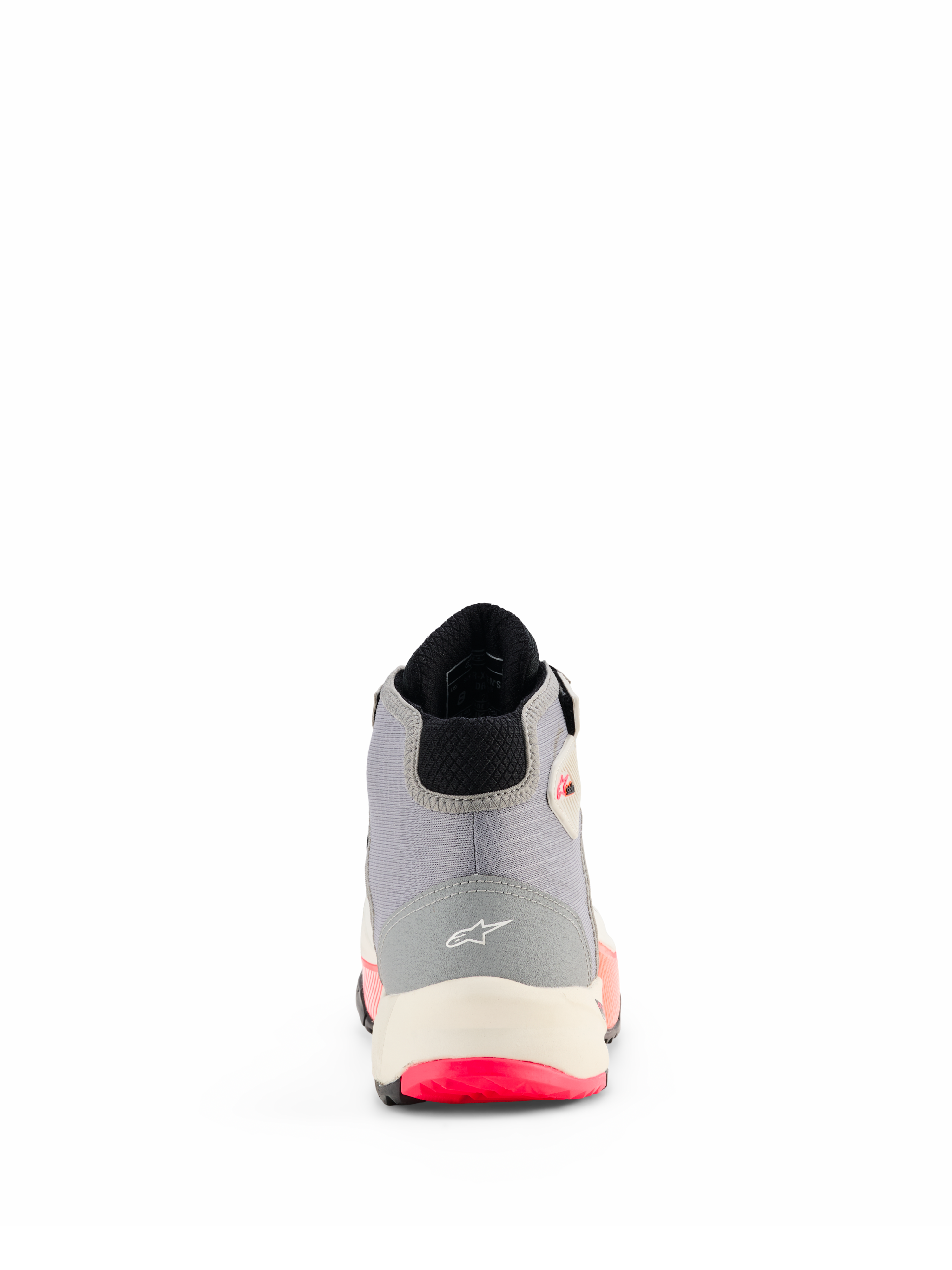 Alpinestars CR-X Women's Drystar® Riding Shoes, Motorcycle Riding Shoes, White Mid Gray Black and Diva Pink, rear view showing heel construction with Alpinestars logo, white midsole, and bright pink outsole details.