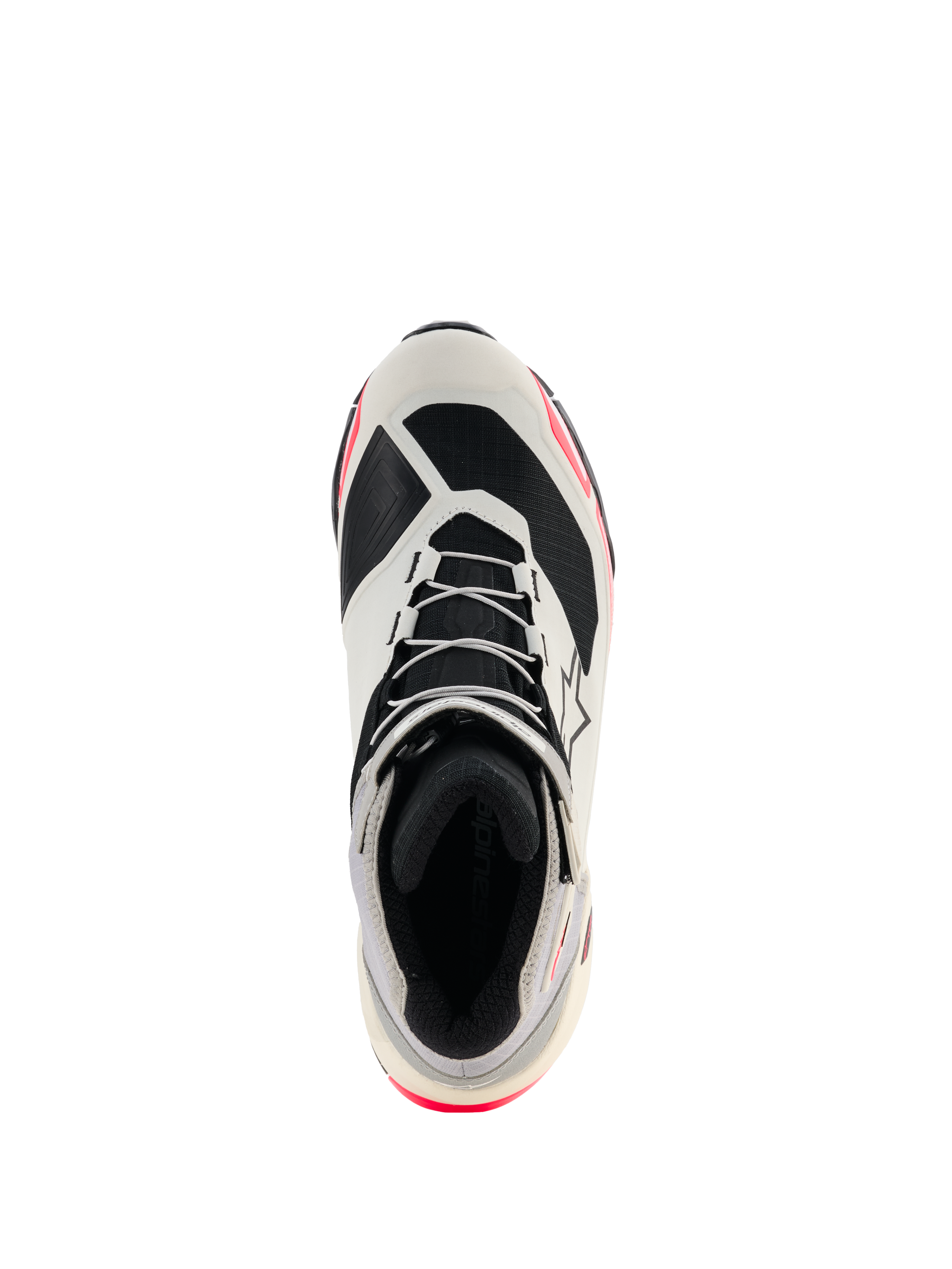 Alpinestars CR-X Women's Drystar® Riding Shoes, White Mid Gray Black and Diva Pink, top-down view highlighting the lacing and inner lining, athletic running shoe-inspired design with pink accents, waterproof motorcycle riding footwear