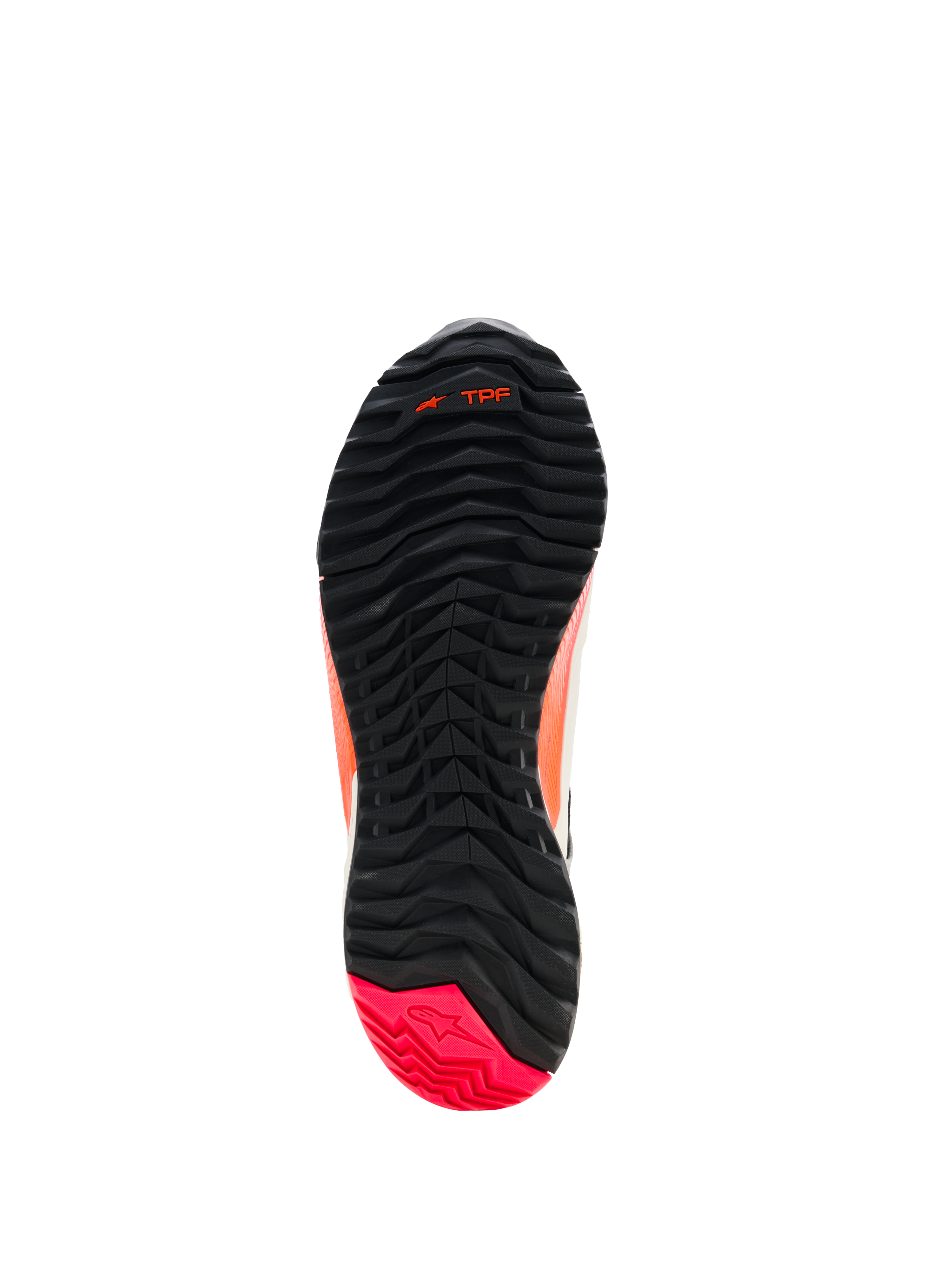 Alpinestars CR-X Women's Drystar® Riding Shoes, Outsole view, Black with Diva Pink heel, rugged tread pattern featuring asymmetric stud configuration, forefoot flex grooves, and TPF branding