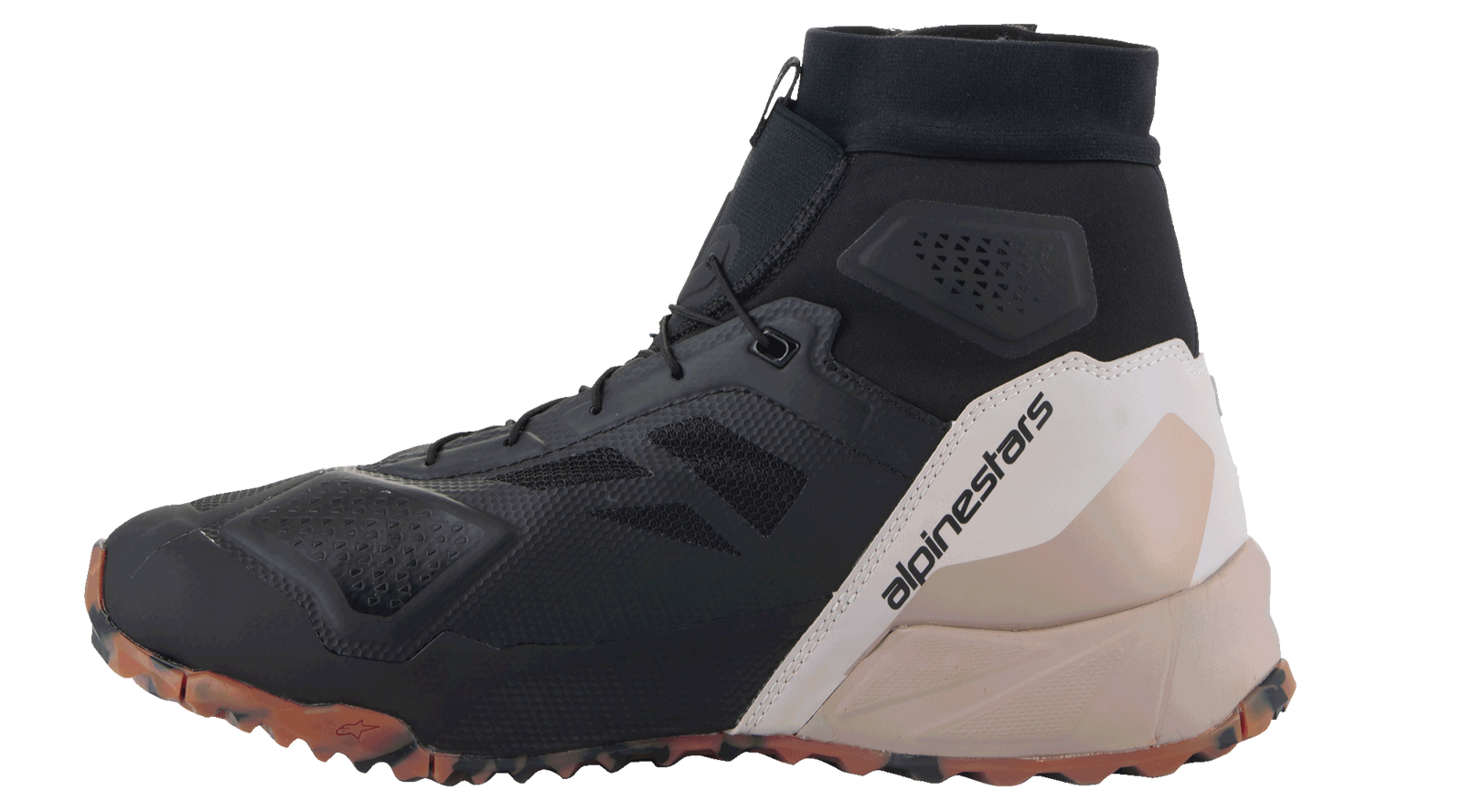 Alpinestars CR-1 Shoes, Motorcycle Riding Shoes, Black and Light Brown, high-top design featuring breathable 3D mesh and textile panels, Alpinestars branding on the heel, textured brown gum sole, technical footwear for warm weather riding