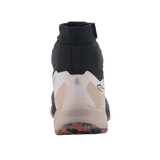Alpinestars CR-1 Shoes, Motorcycle Riding Shoes, Black and Light Brown, rear view showing the heel and ankle construction, black technical textile upper with light tan heel reinforcement, marbled orange and black outsole, sporty design for warm weather riding