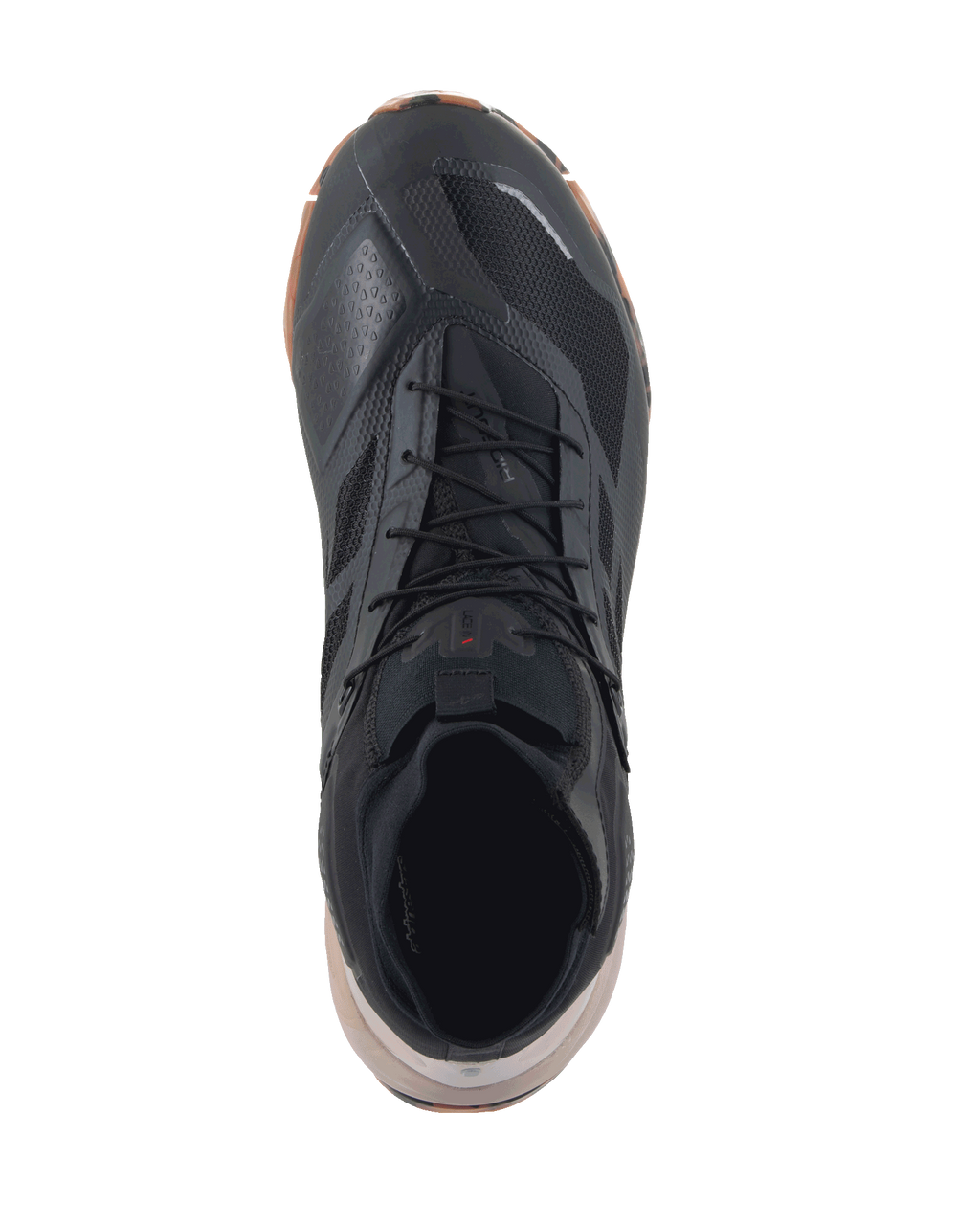 Alpinestars CR-1 Shoes, Motorcycle Riding Shoes, Black and Light Brown, top-down view, featuring breathable 3D mesh and microfiber textile construction, black laces, lightweight footwear for touring and sport riding