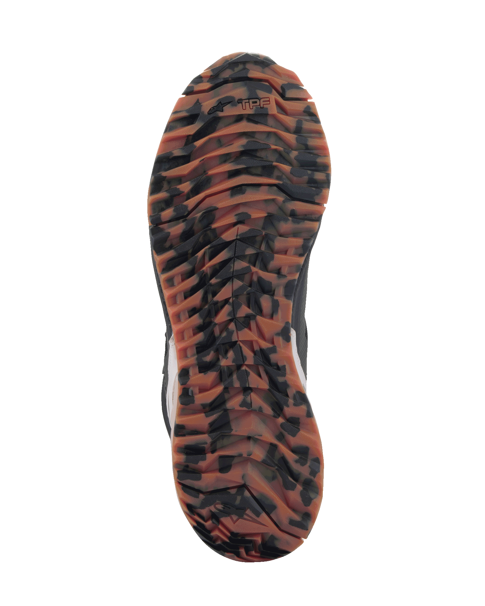 Alpinestars CR-1 Shoes, Motorcycle Riding Shoes, Black and Light Brown, sole view with marbled camouflage pattern, rugged tread for grip, TPF branding, technical footwear for touring and sport riding
