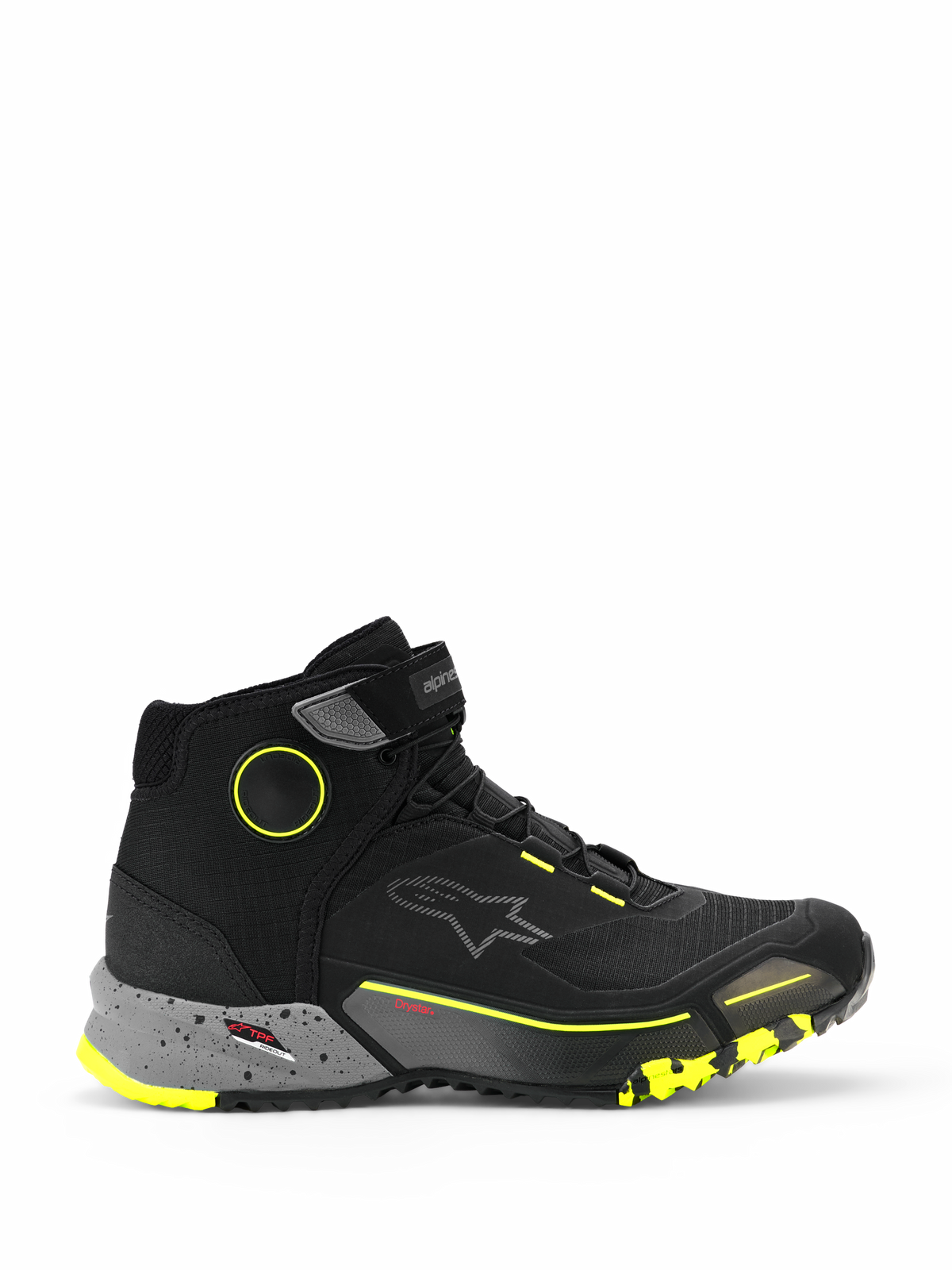 Alpinestars CR-X Drystar Motorradschuhe, knöchelhohe urbane Motorrad-Sneaker, Schwarz mit dunkelgrau gesprenkelter Zwischensohle und neongelben Akzenten, wasserdichte Drystar-Membran, robuste profilierte Sohle, schützendes Freizeit-Schuhwerk