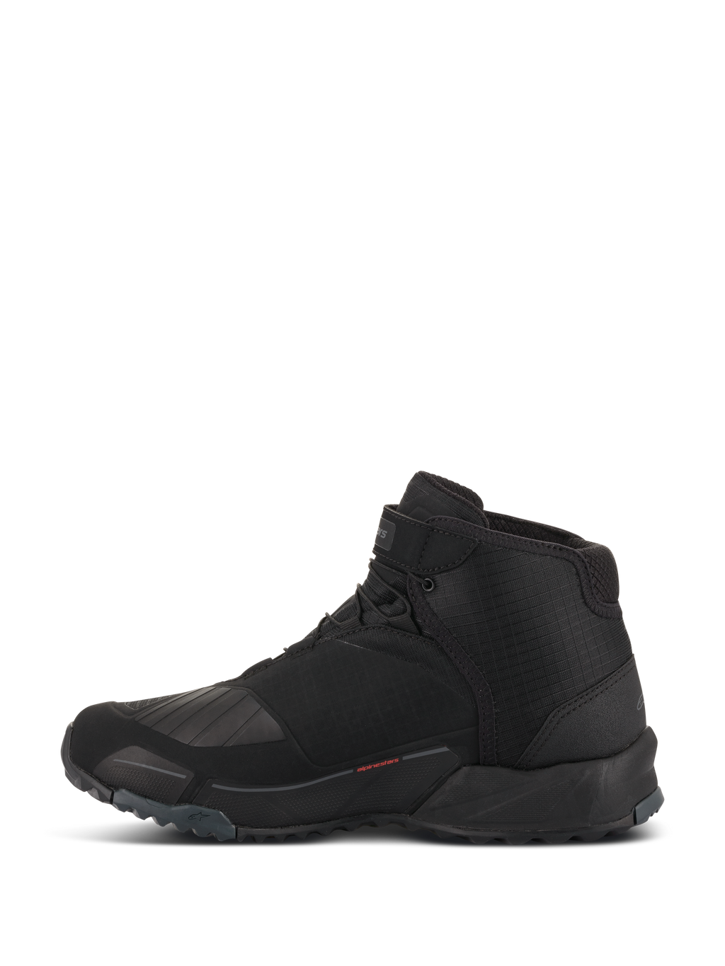 Alpinestars CR-X Drystar Motorradschuhe, Motorradschuhe, Schwarz, Seitenprofilansicht, High-Top-Design mit Laufschuh-Silhouette, mit verstärkter TPU-Schaltzone, profilierter Außensohle für Grip und wasserdichter Konstruktion für Stadt- und Straßenfahrten.